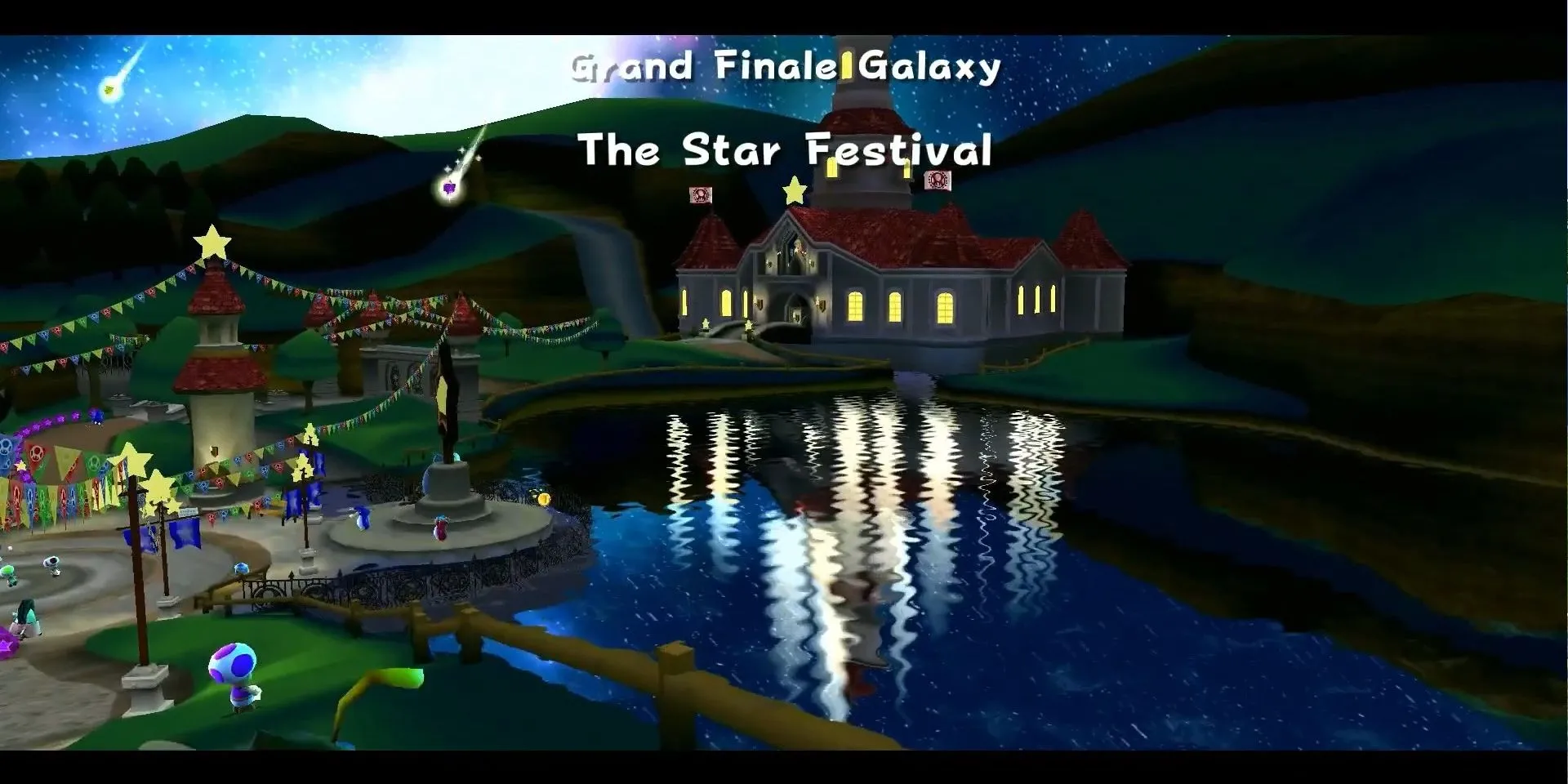Hình ảnh Lễ Hội Sao Băng trong Super Mario Galaxy với các đồng xu tím và ánh đèn lâu đài chiếu xuống hồ, một khởi đầu game huyền ảo