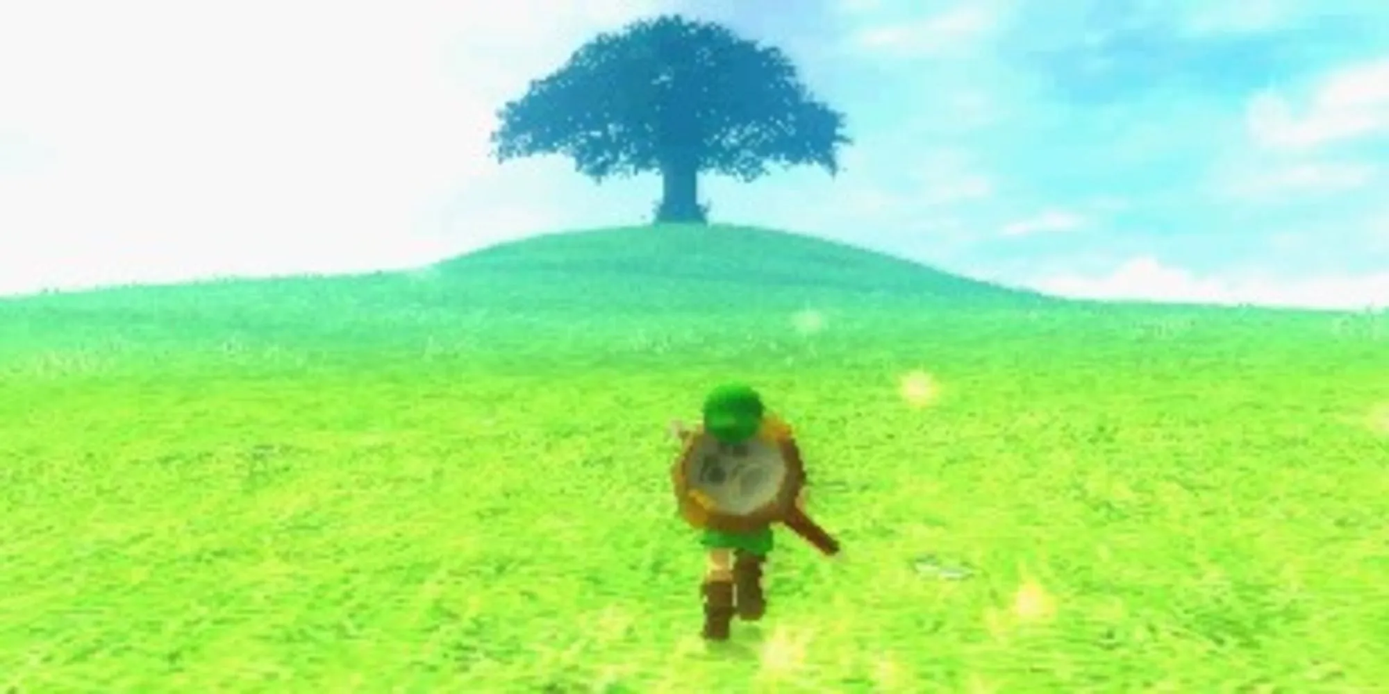 Hình ảnh Link trong The Legend of Zelda: Majora's Mask với chiếc mặt nạ Majora phía sau