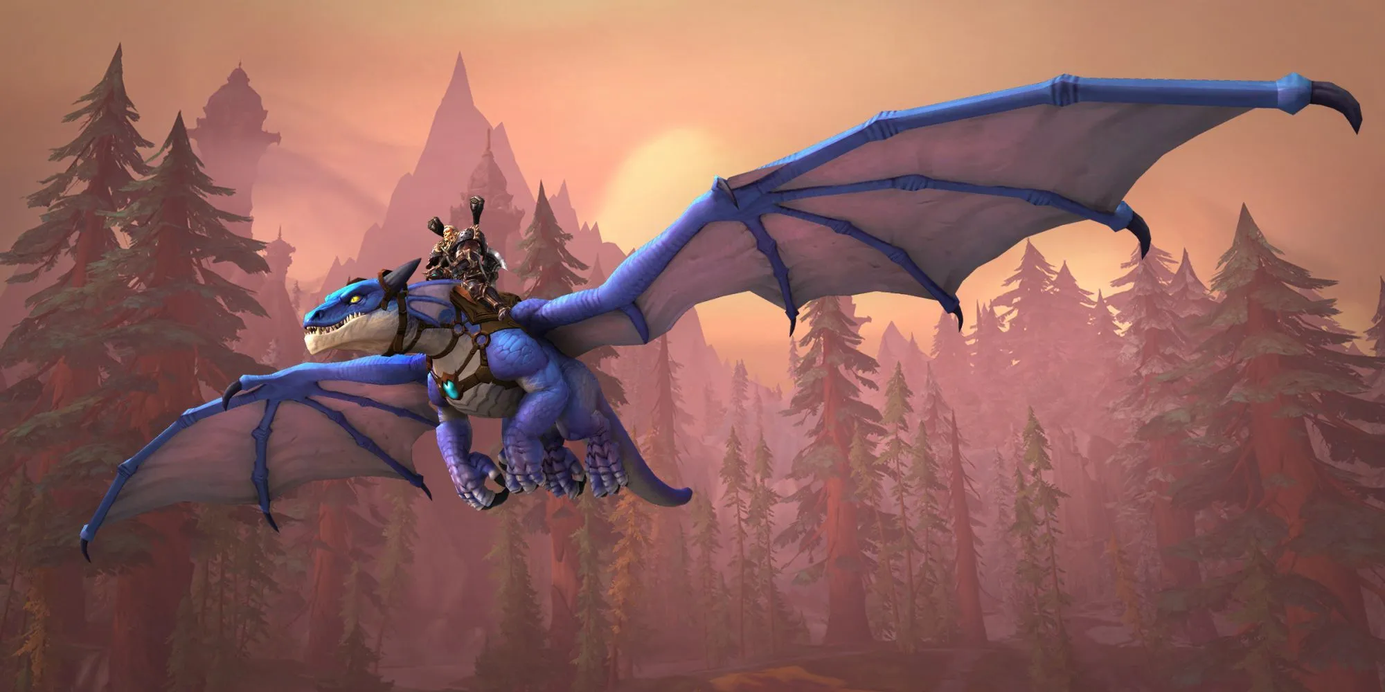 Hình ảnh một con rồng màu xanh bay lượn trên bầu trời trong World of Warcraft Dragonflight