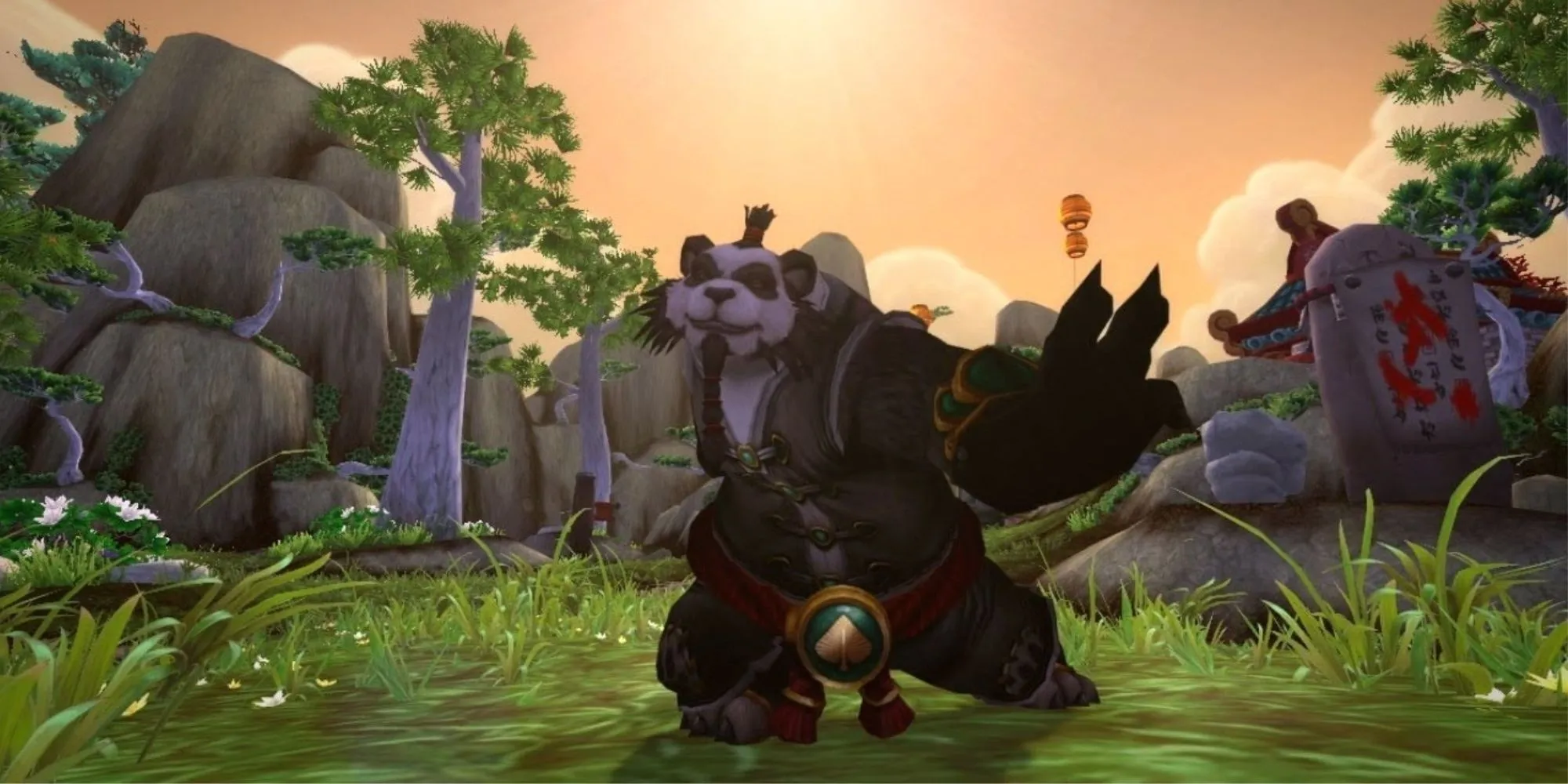 Hình ảnh một Pandaren đứng trong môi trường game World of Warcraft Mists of Pandaria