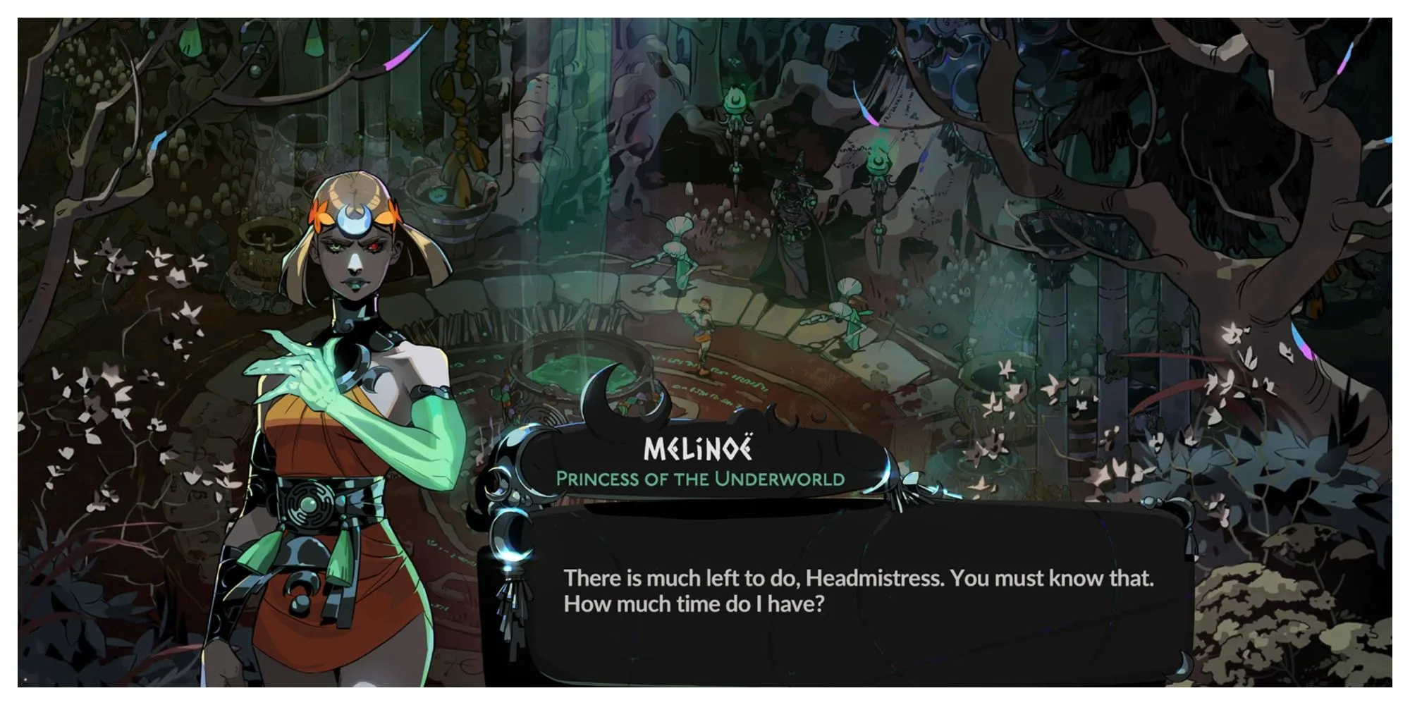 Hình ảnh nghệ thuật hoặc screenshot từ game Hades II, tập trung vào nhân vật chính Melinoe