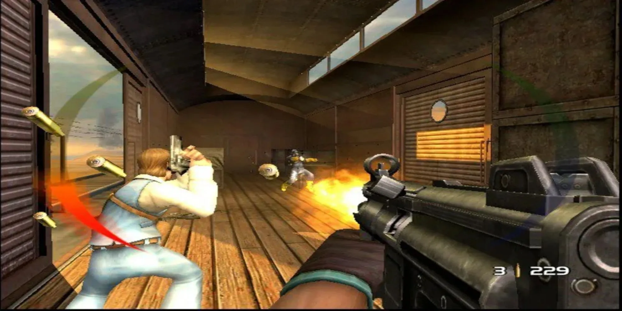 Hình ảnh nhân vật từ game Timesplitters Future Perfect đang nhìn vào một cái vali thay vì lá cờ