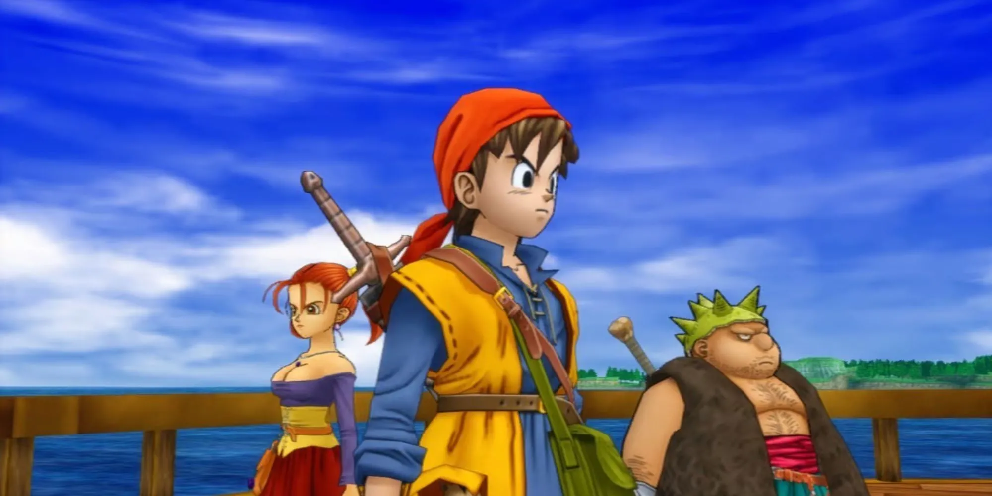 Hình ảnh nhóm nhân vật chính trên bản đồ thế giới trong Dragon Quest VIII, minh họa đồ họa Toriyama và khám phá