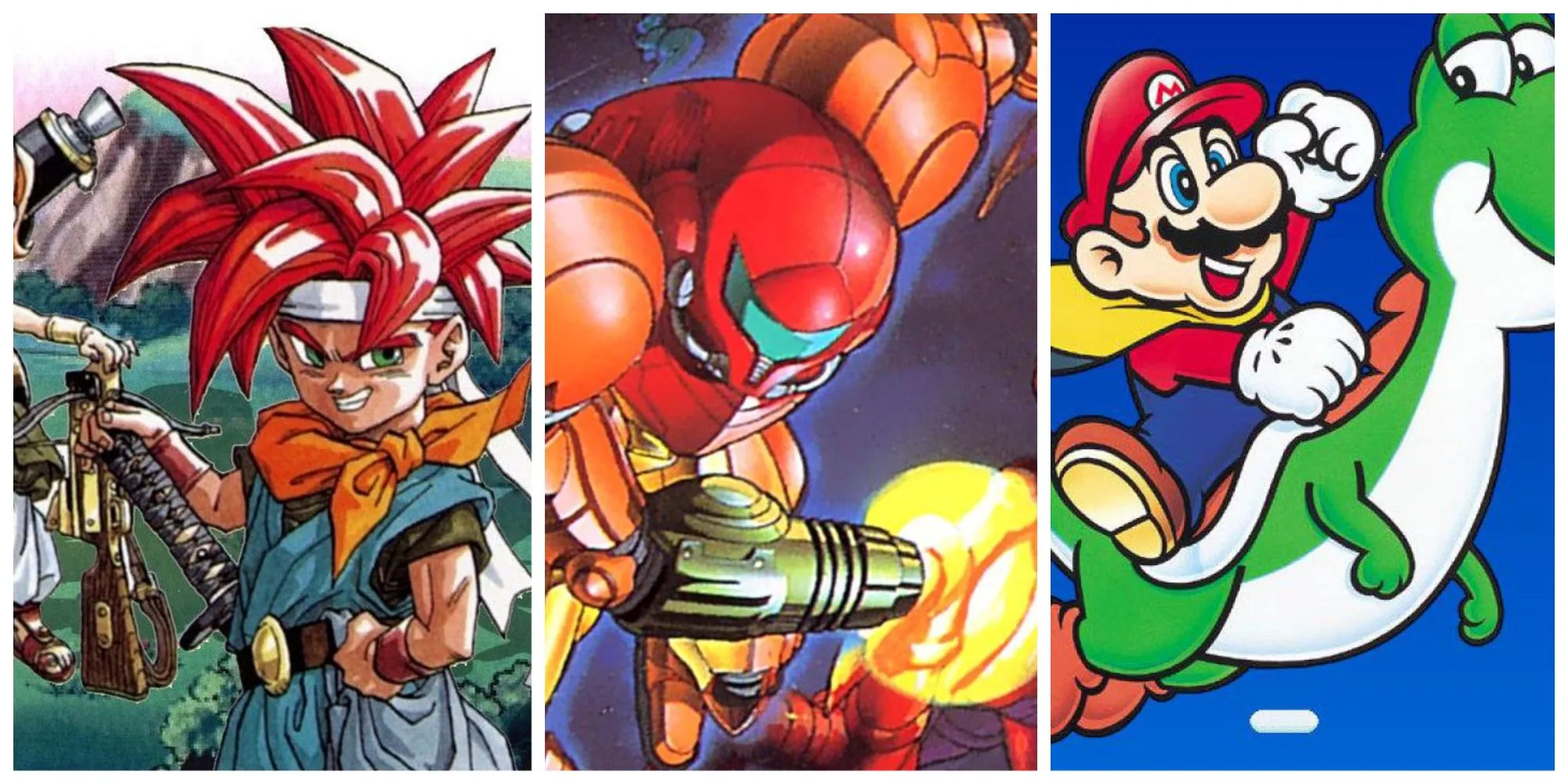 Hình ảnh nổi bật Top 10 game SNES bao gồm Chrono Trigger, Samus và Super Mario