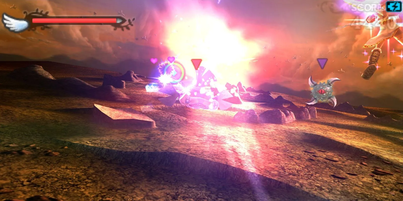 Hình ảnh Pit và Dark Pit trong Kid Icarus Uprising, một cảnh hành động trên không
