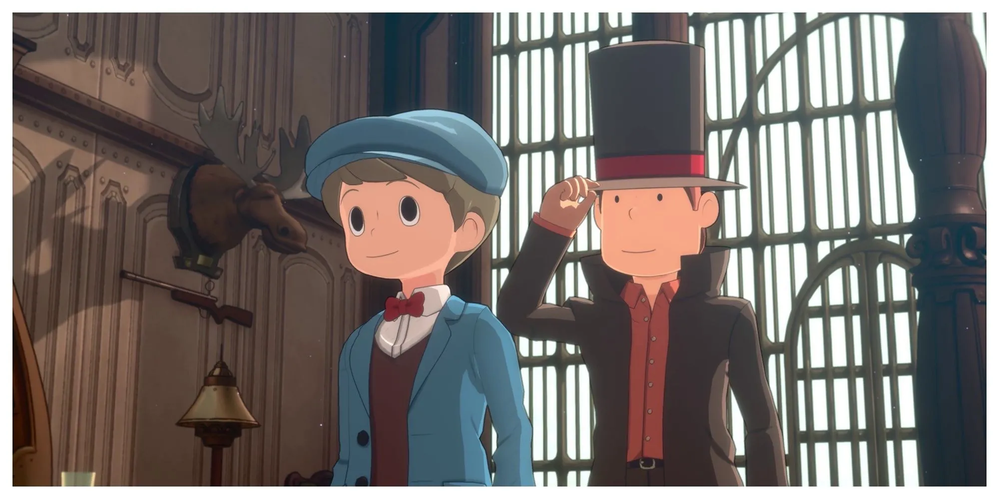 Hình ảnh Professor Layton và Luke trong phong cách nghệ thuật của game Professor Layton and the New World of Steam
