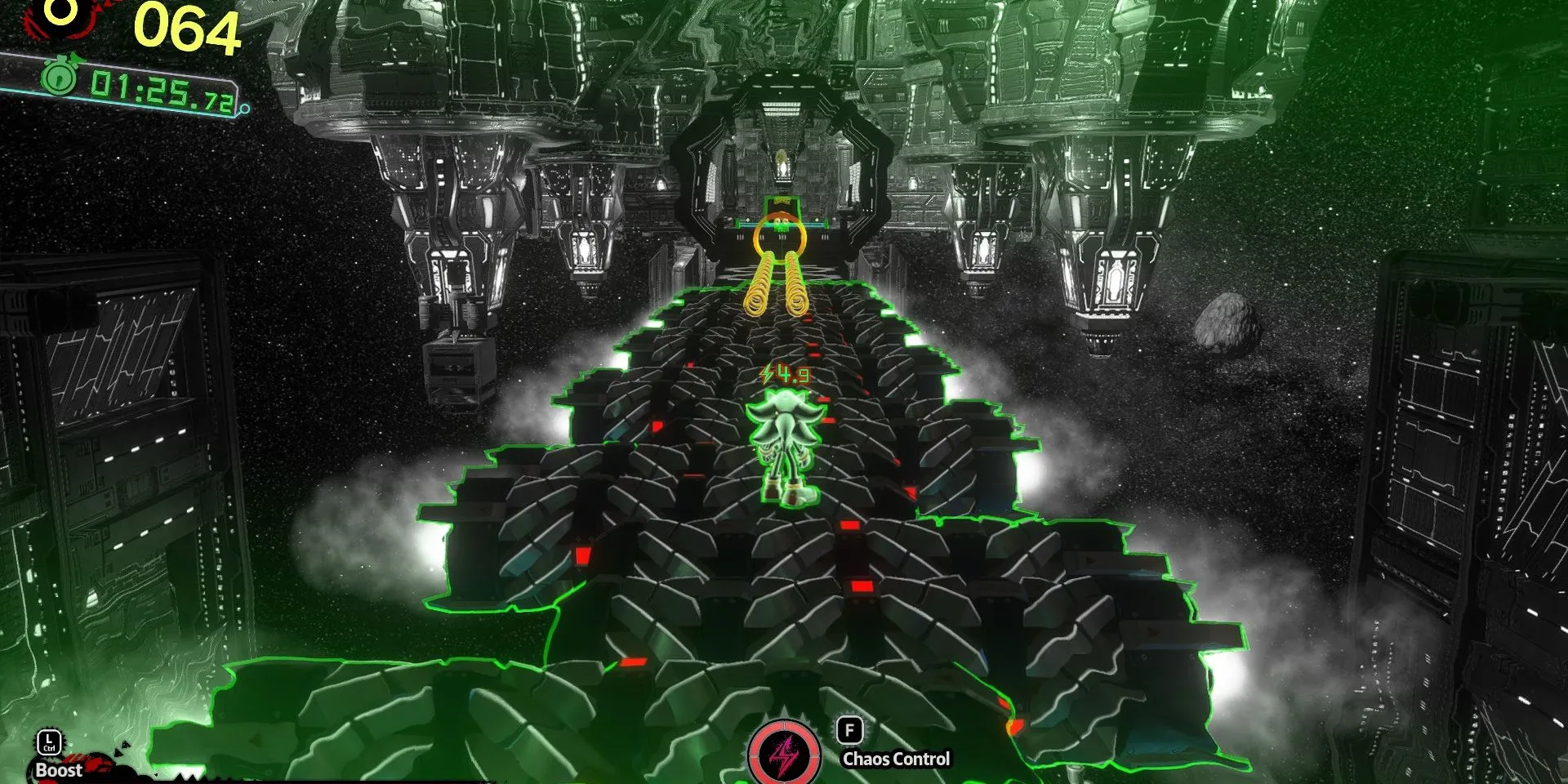 Hình ảnh Shadow Generations, với Shadow sử dụng Chaos Control trên Space Colony Ark Act 1 để lấy Chìa Khóa
