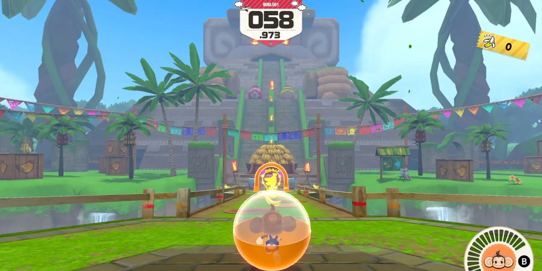 Hình ảnh Super Monkey Ball Banana Rumble từ Nintendo Store, với AiAi đang lăn về phía mục tiêu cuối màn chơi