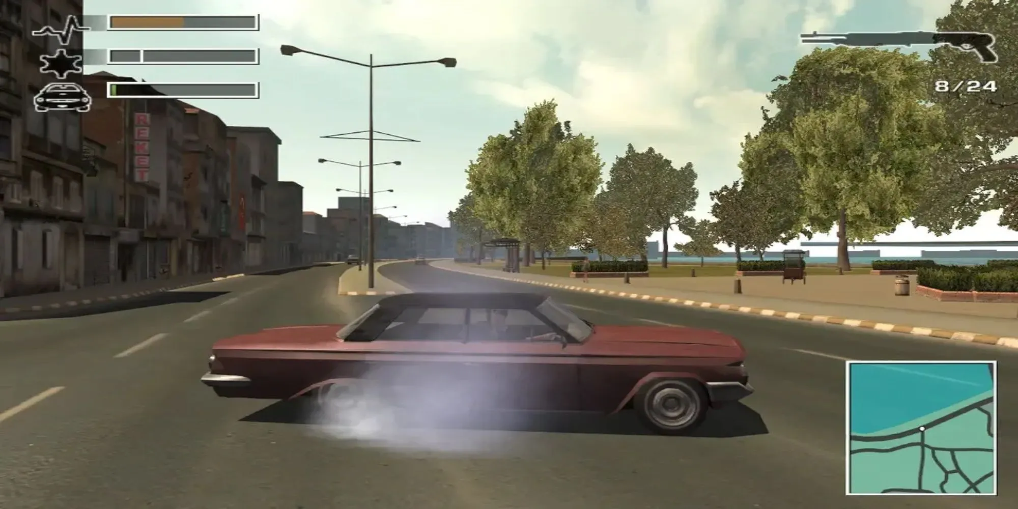 Hình ảnh Tanner trên bìa game Driv3r cho PS2 với khung cảnh thành phố