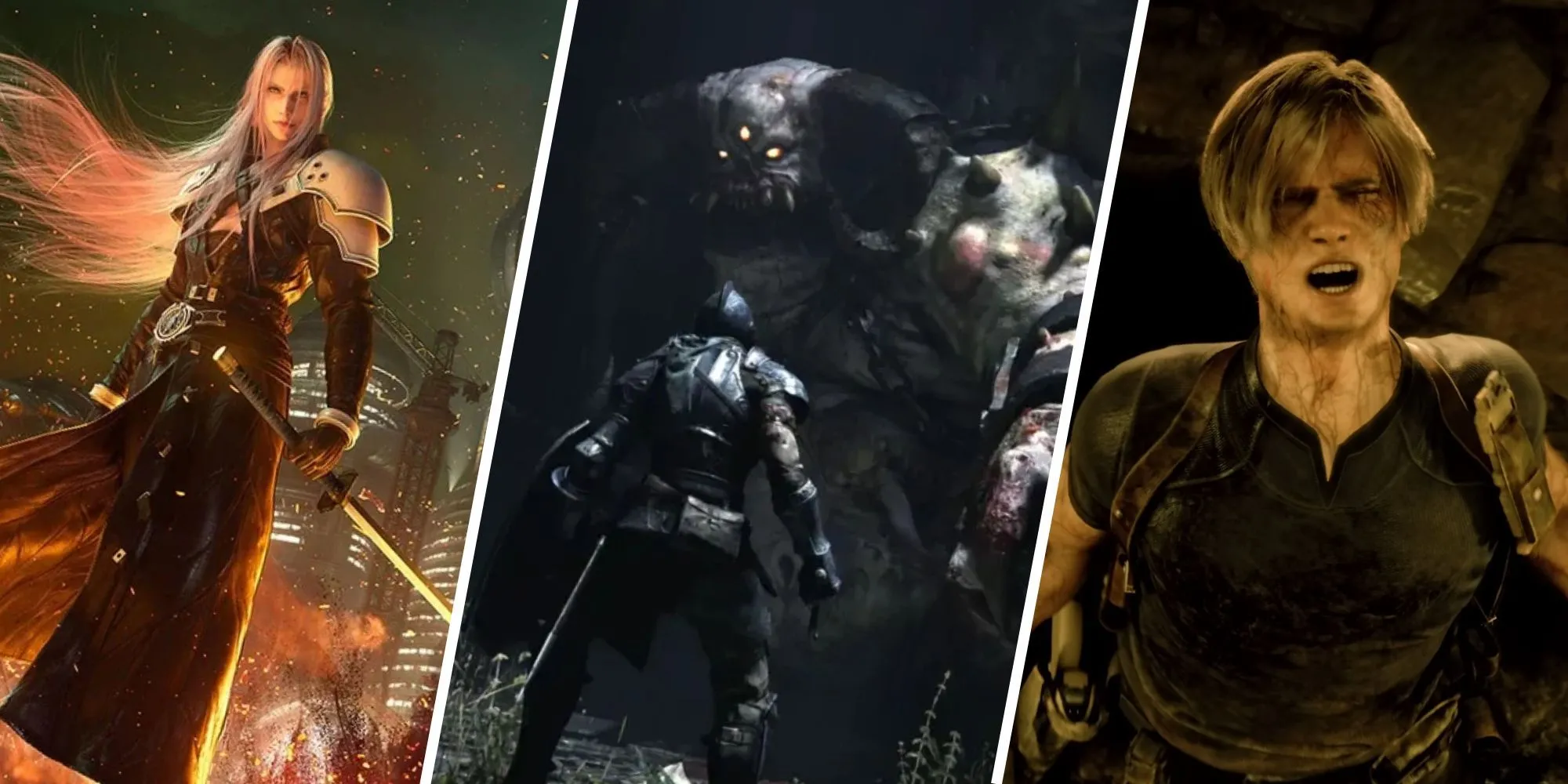 Hình ảnh tổng hợp các nhân vật kinh điển từ game được làm lại/remaster: Sephiroth (Final Fantasy 7), Demon's Souls, Leon Kennedy (Resident Evil 4)