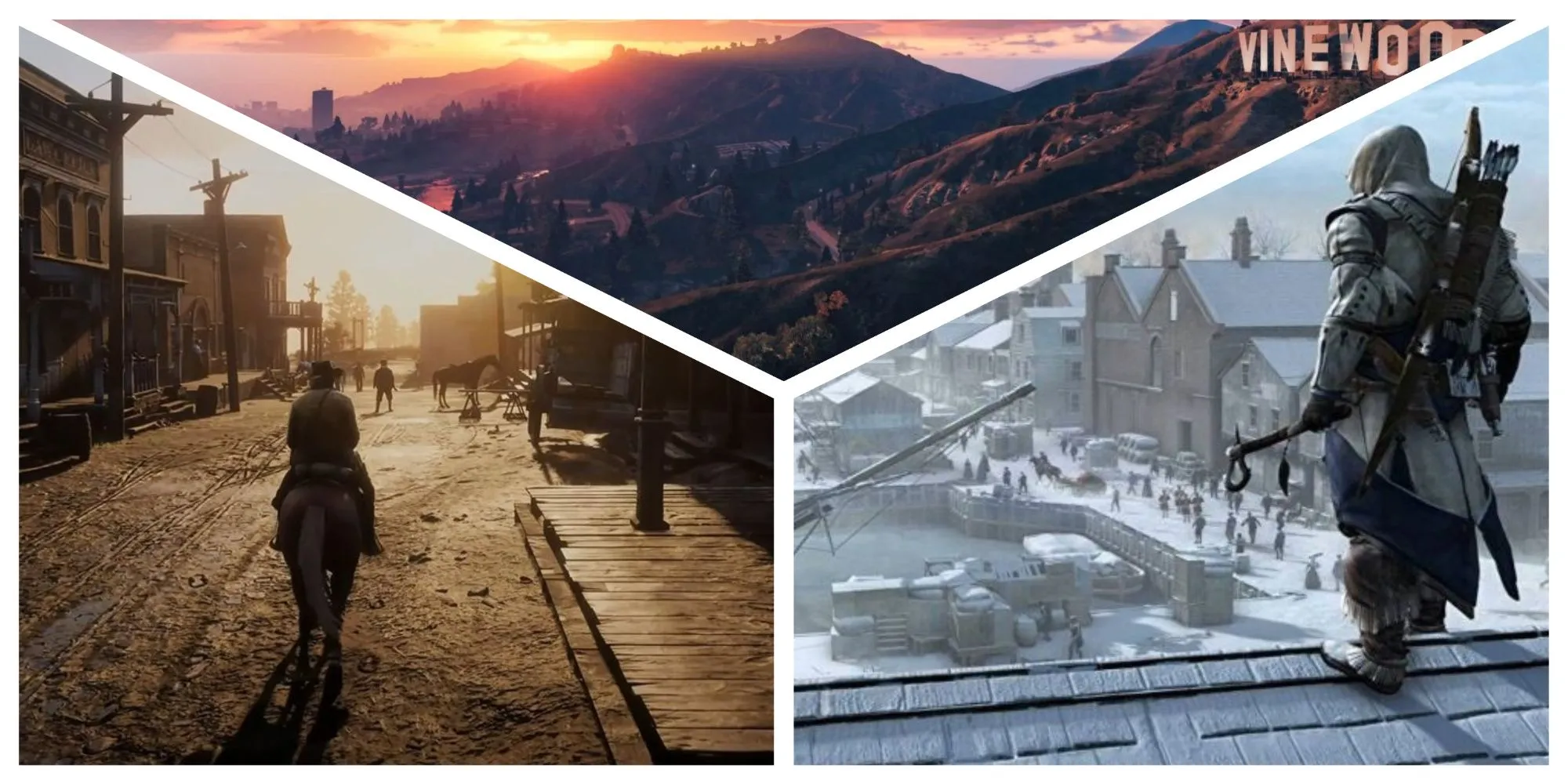 Hình ảnh tổng hợp các tựa game lấy bối cảnh Mỹ như Red Dead Redemption II, Grand Theft Theft V và Assassin's Creed III, tương phản với chủ đề bài viết về game hậu tận thế ngoài nước Mỹ.