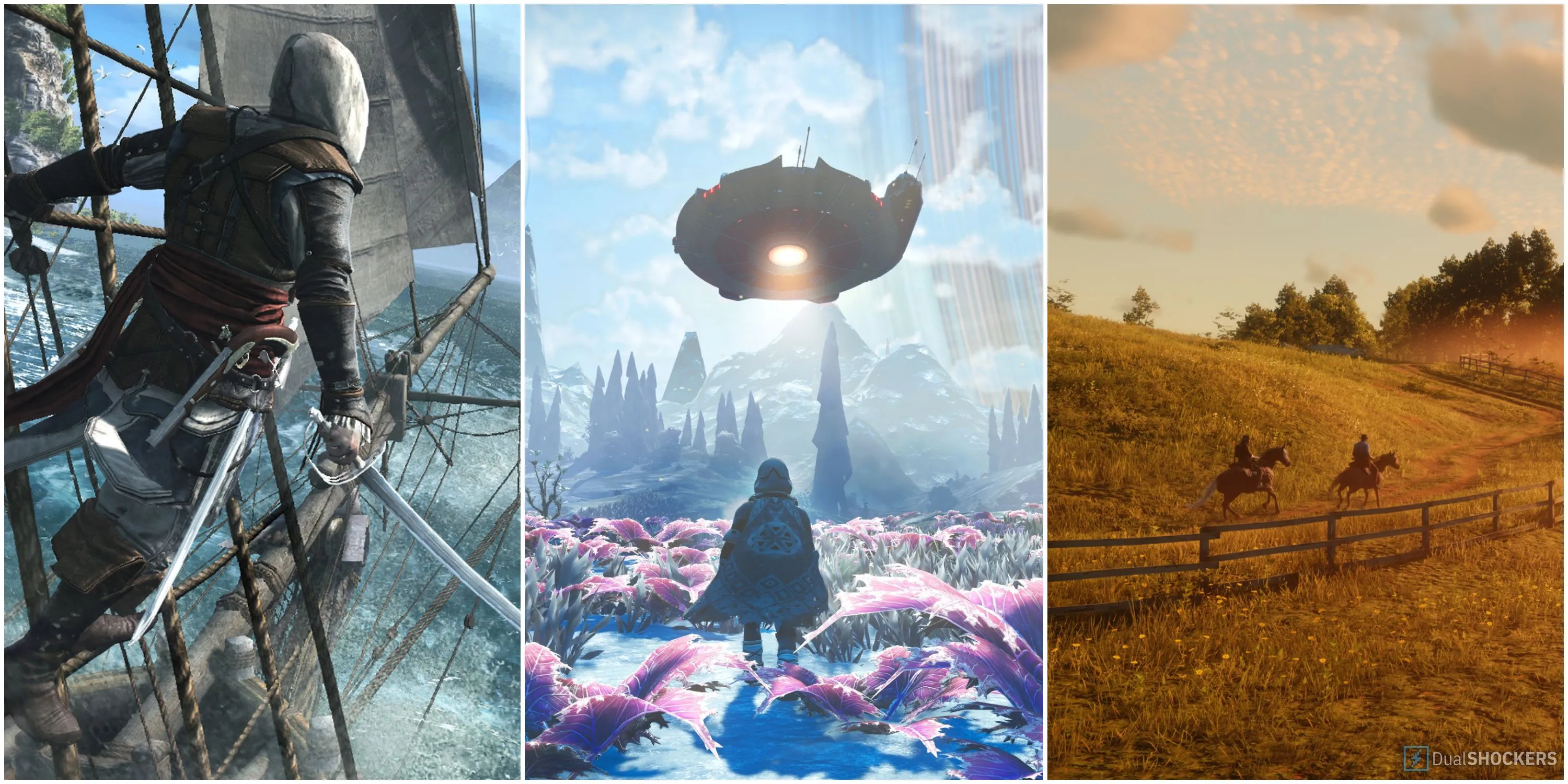 Hình ảnh tổng hợp từ các game thế giới mở như Shadows of Doubt và No Man's Sky, nhấn mạnh tính ấn tượng của thể loại sandbox.