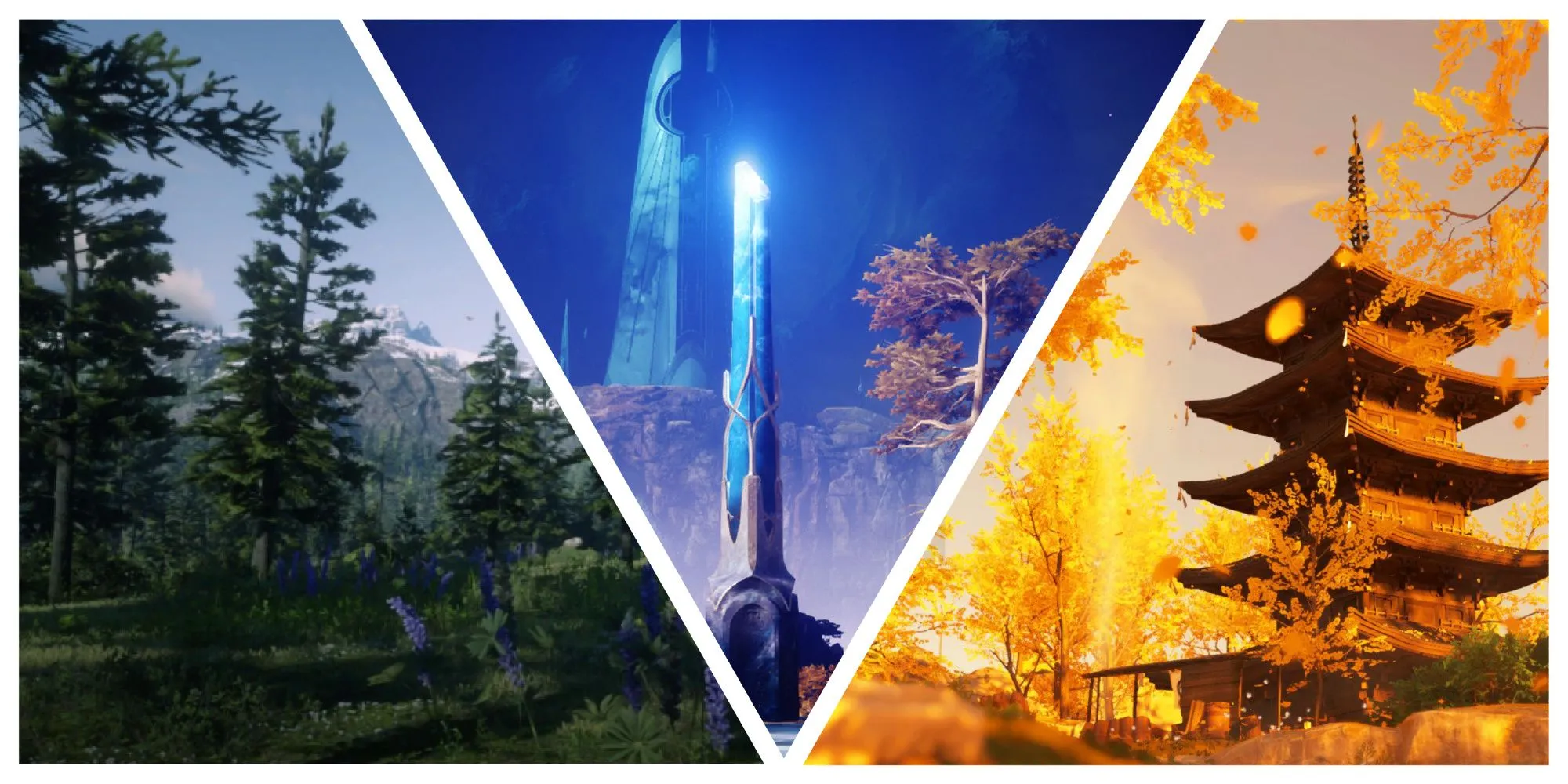 Hình ảnh tổng hợp từ Red Dead Redemption 2 (Big Valley), Destiny 2 (The Dreaming City), và Ghost of Tsushima (Golden Temple), minh họa các cảnh quan đẹp nhất trong game.