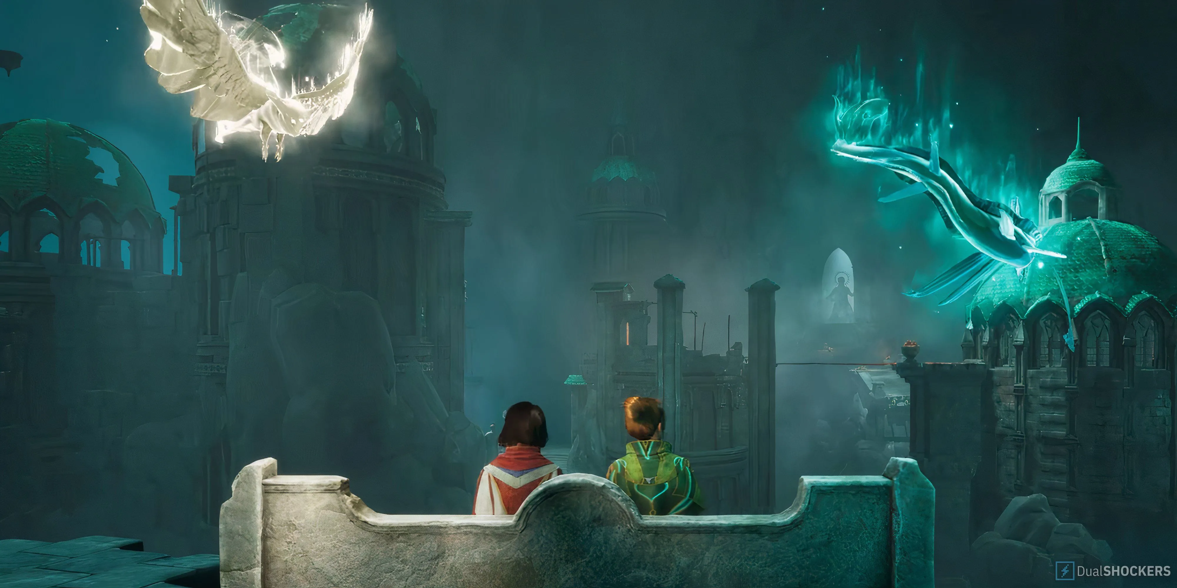 Hình ảnh từ tựa game co-op Split Fiction, cho thấy hai nhân vật ngồi trên một chiếc ghế dài