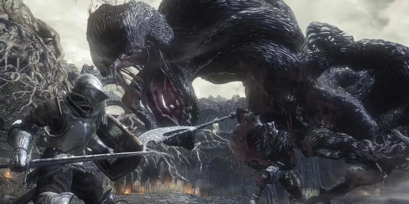 Iudex Gundyr, boss hướng dẫn của Dark Souls 3, trong tư thế chiến đấu