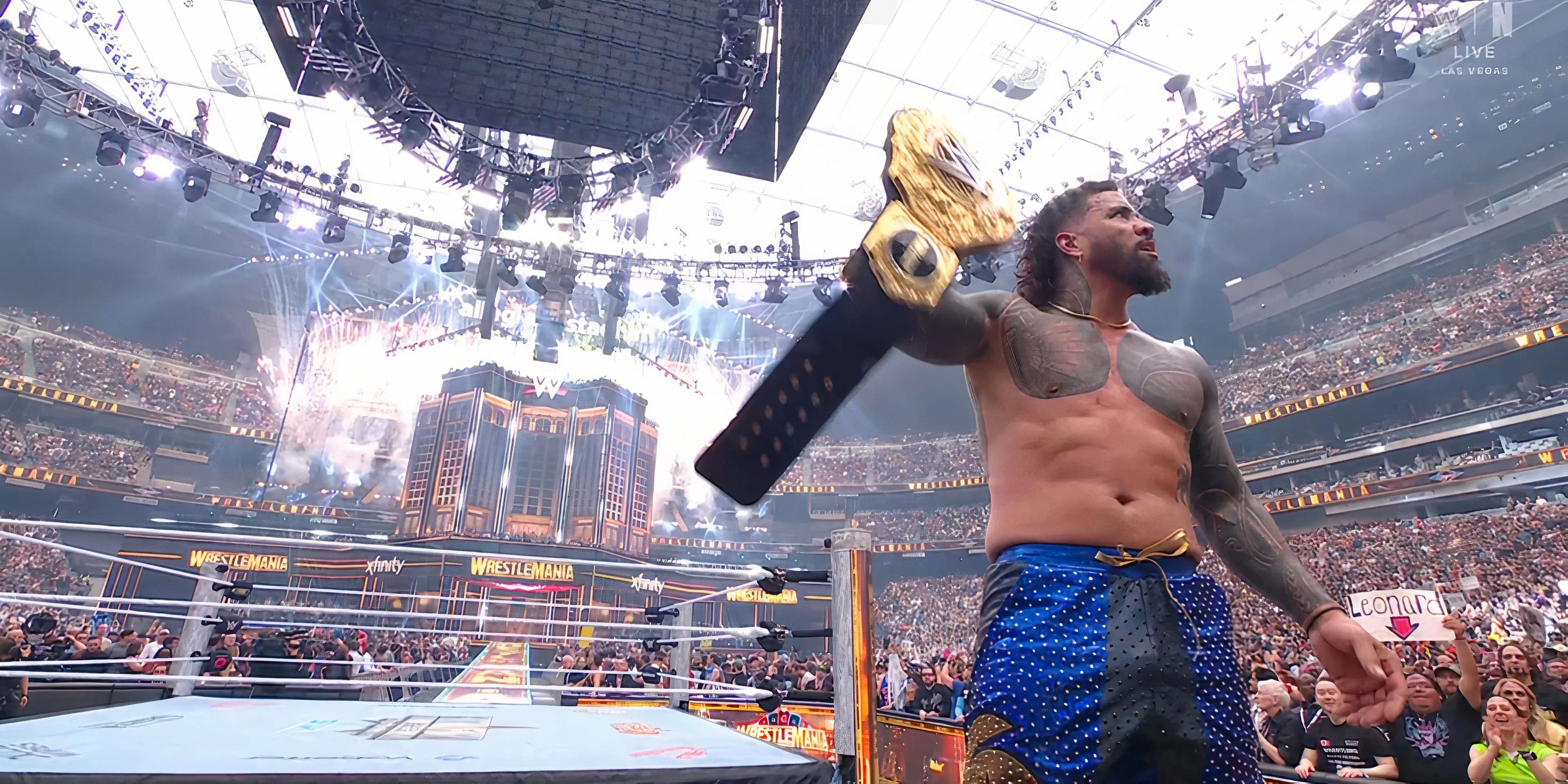 Jey Uso ăn mừng chiến thắng trước Gunther giành đai World Heavyweight tại WrestleMania 41