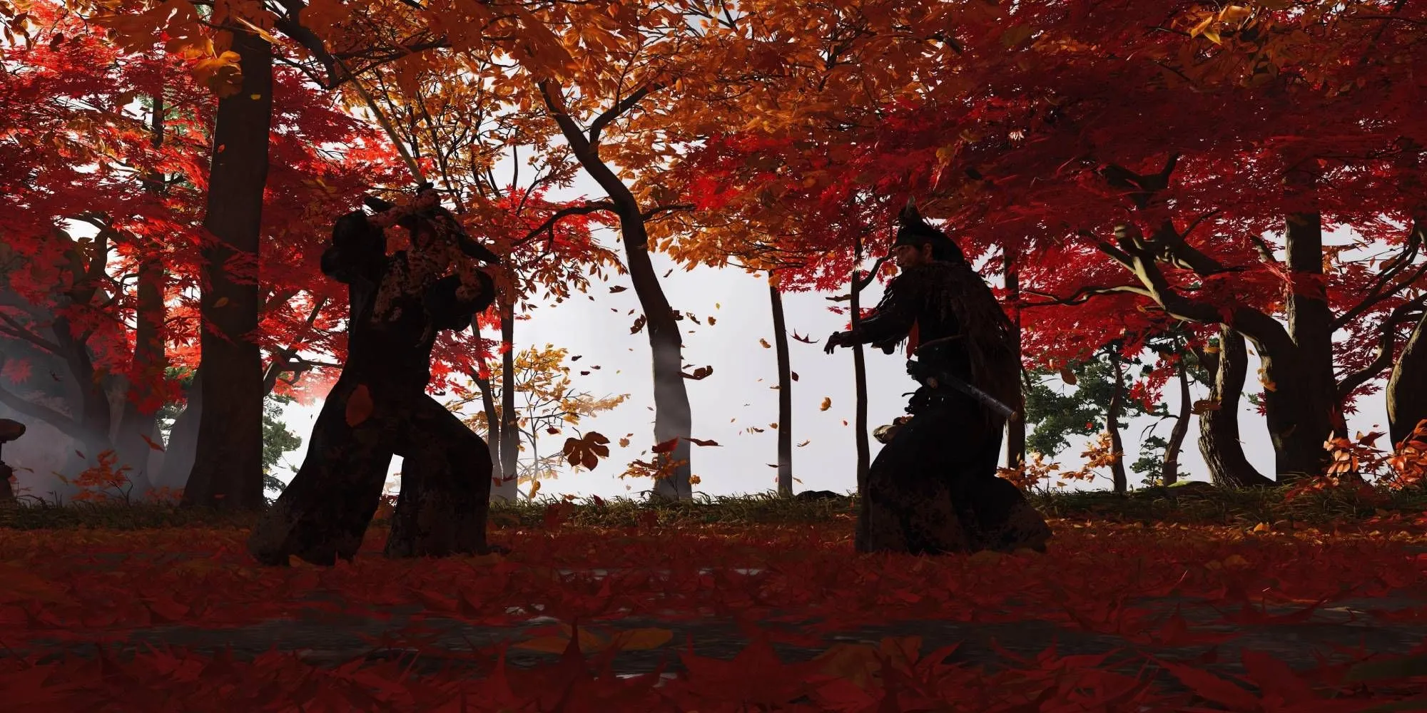 Jin Sakai trong trận quyết đấu kiếm thuật giữa rừng lá phong rơi ở Ghost of Tsushima