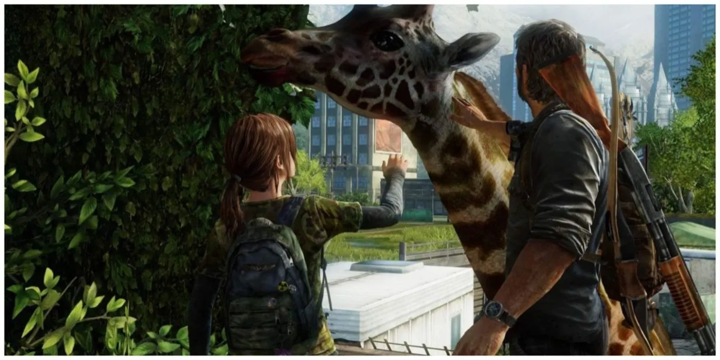 Joel và Ellie bên cạnh hươu cao cổ trong The Last of Us Part 1, một khoảnh khắc đáng nhớ