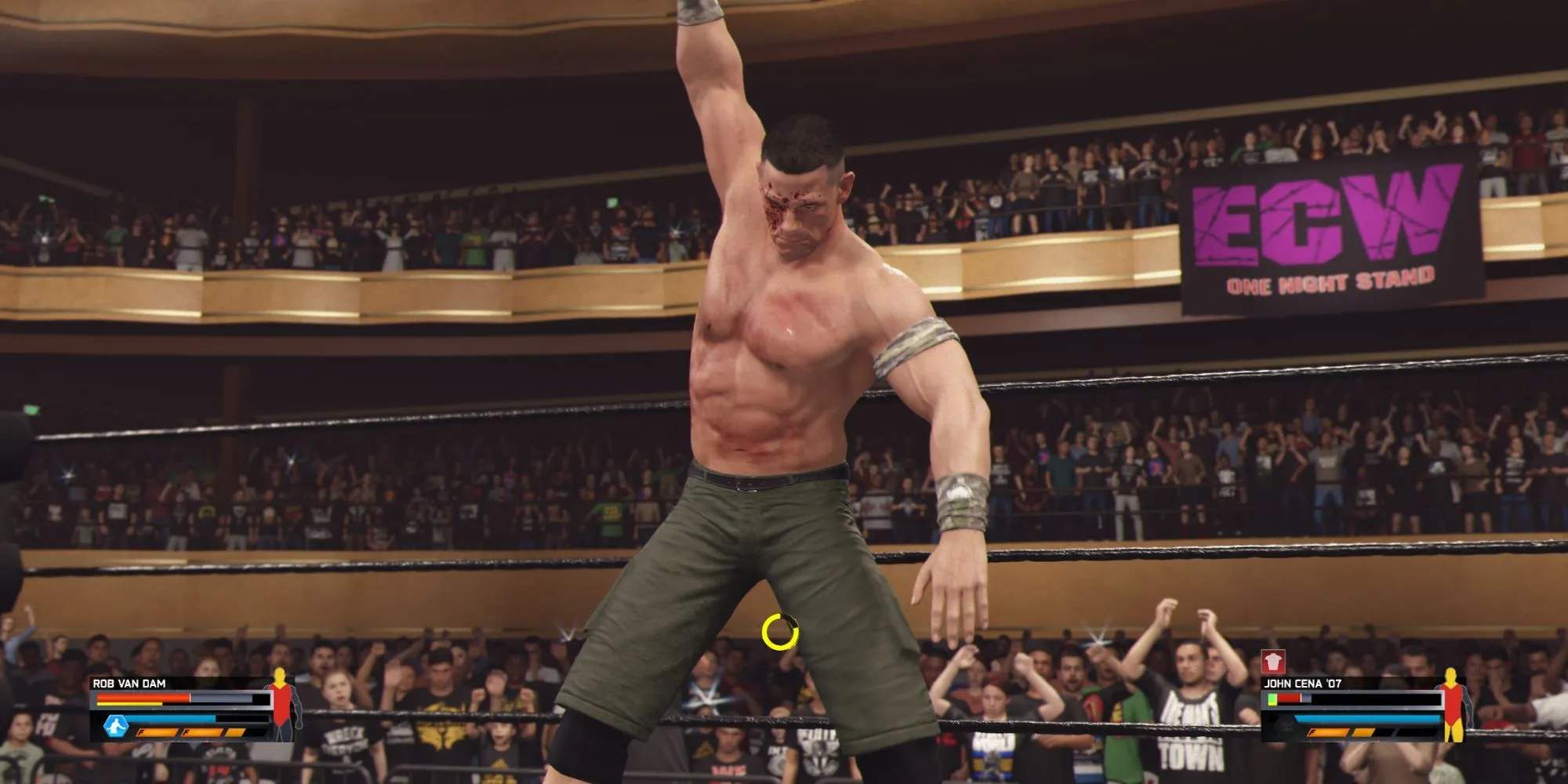 John Cena mặt dính máu thực hiện động tác You Cant See Me trong WWE 2K25 thể hiện khoảnh khắc đáng nhớ