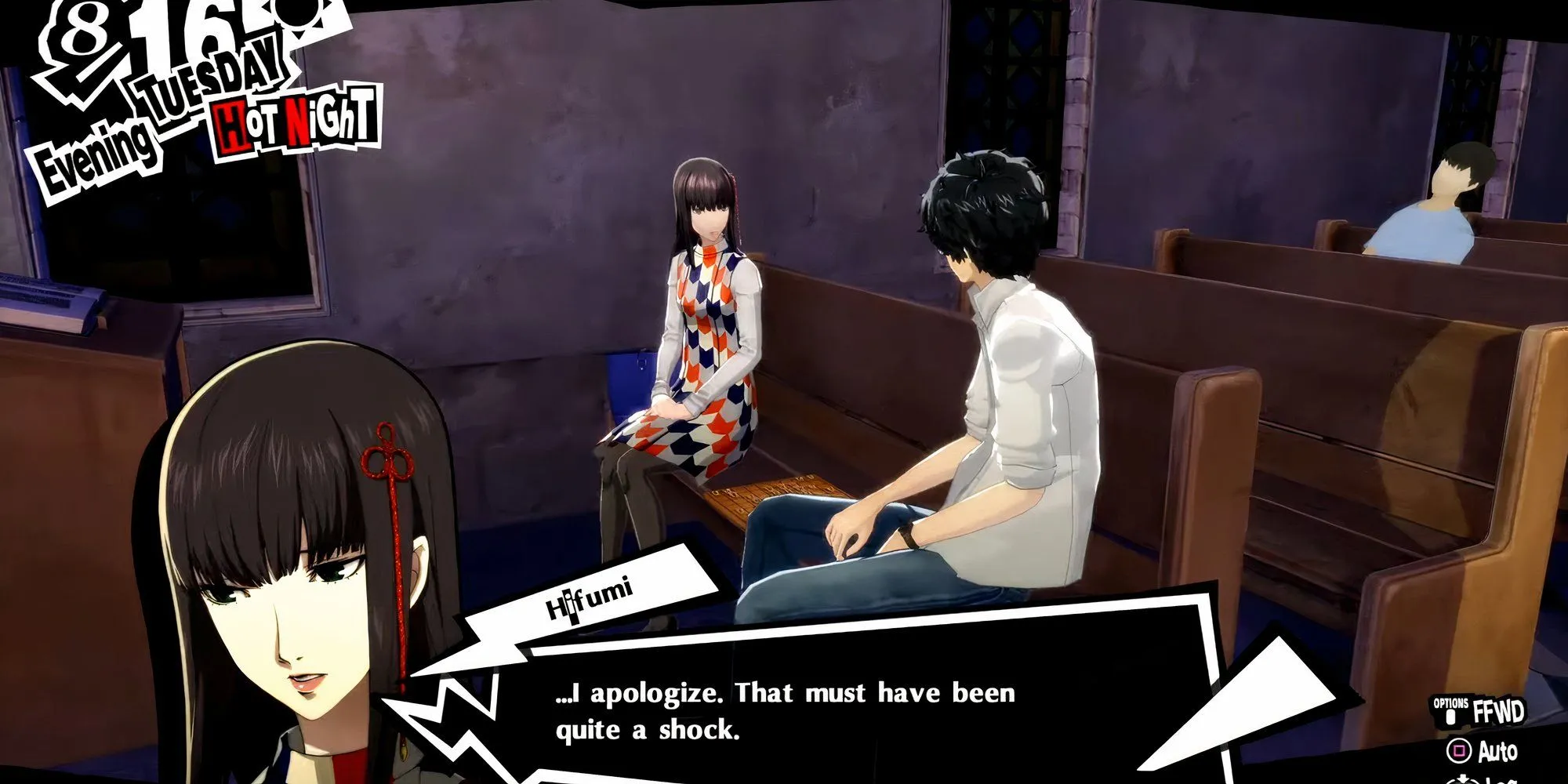 Joker nói chuyện với Hifumi sau khi gặp mẹ cô ấy trong Persona 5 Royal