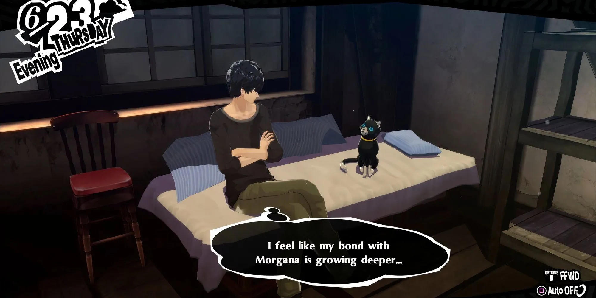 Joker trò chuyện với Morgana tại Leblanc để tăng hạng confidant trong Persona 5 Royal