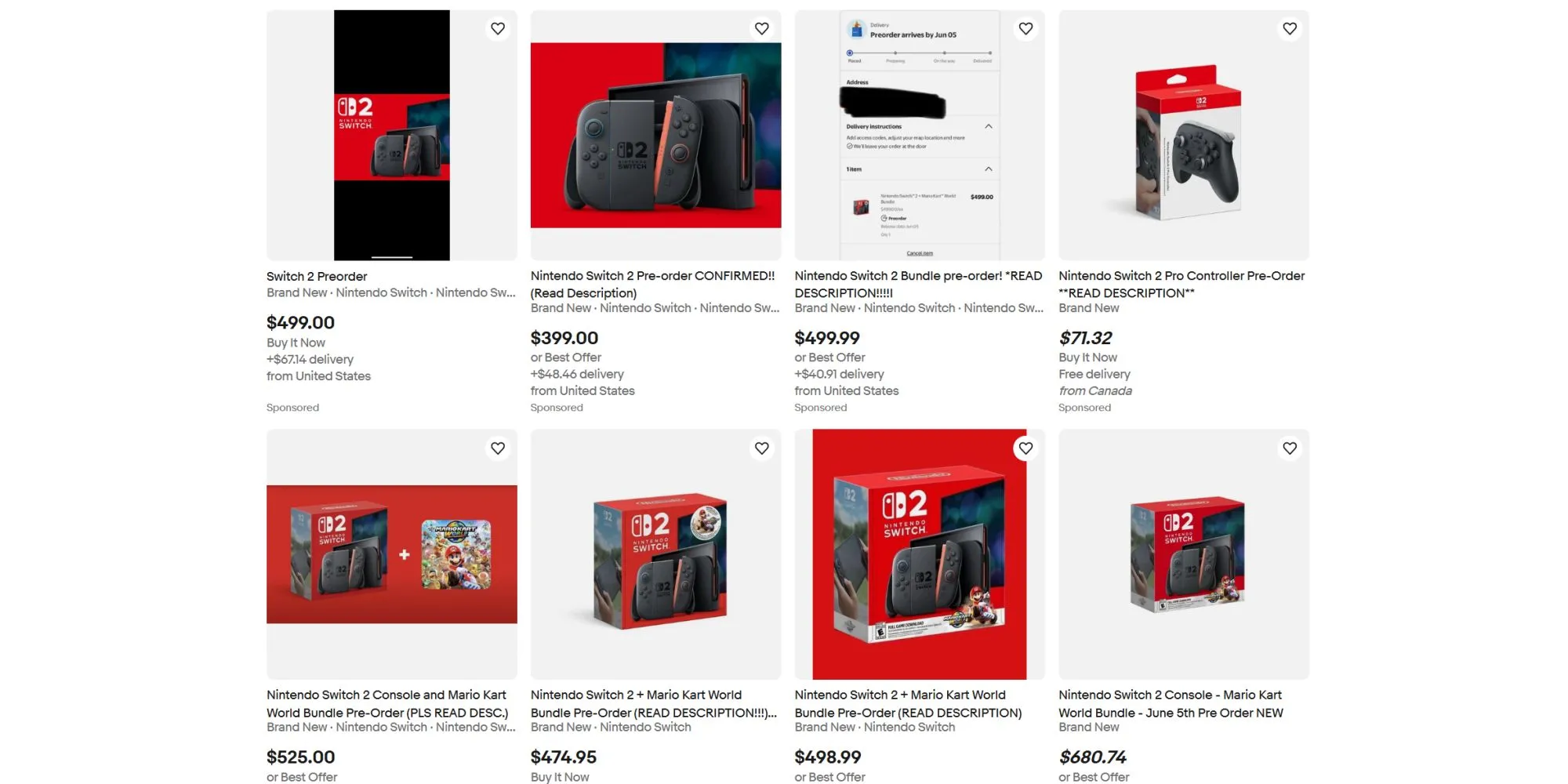 Kết quả tìm kiếm Nintendo Switch 2 trên eBay hiển thị giá bán lại cao