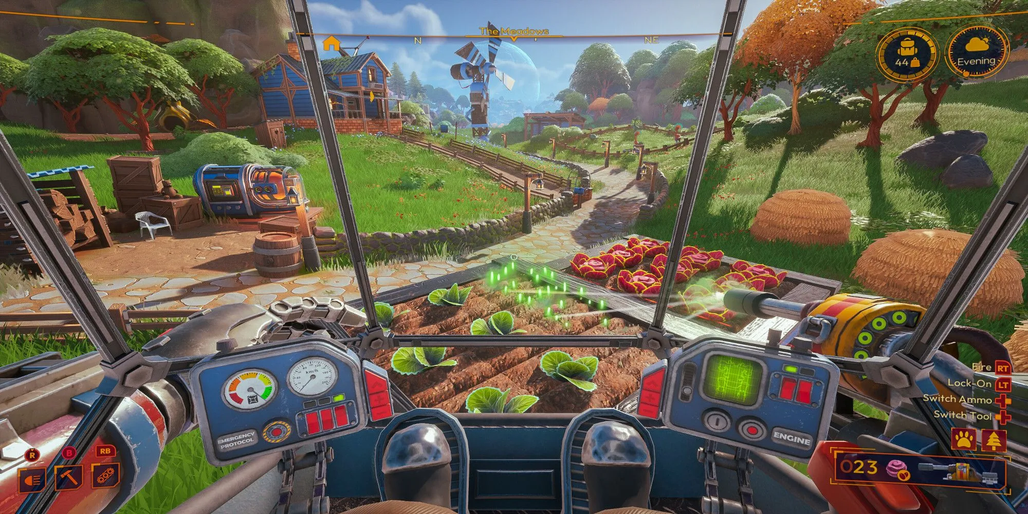Khu nông trại trong Lightyear Frontier với bắp cải và rau củ ngoài hành tinh, minh họa yếu tố trồng trọt sci-fi
