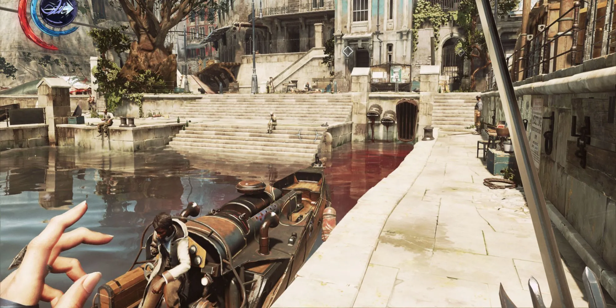 Khung cảnh bến cảng trong Dishonored 2 với nhân vật cầm kiếm