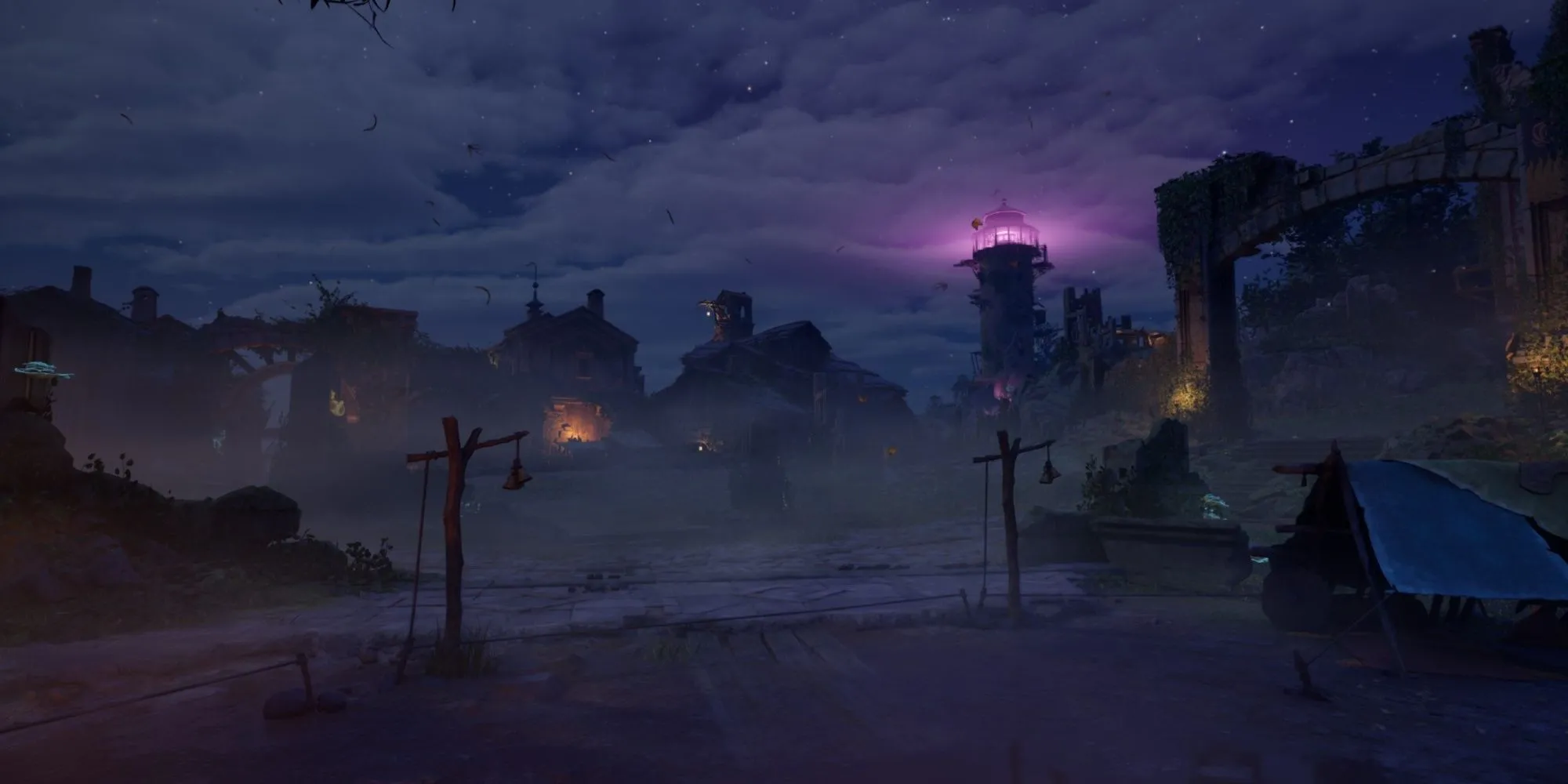 Khung cảnh một thành phố tráng lệ về đêm trong Avowed, nơi game thủ đối mặt thử thách Path of the Damned