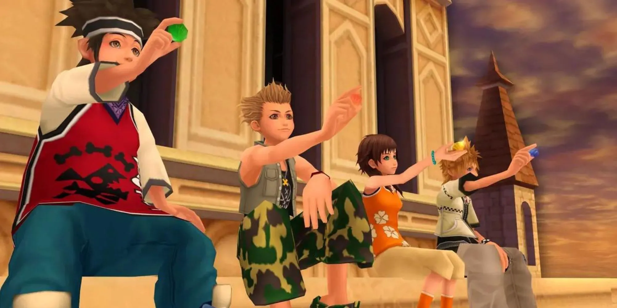 Khung cảnh thị trấn Twilight Town trong game Kingdom Hearts 2 với ánh hoàng hôn đặc trưng