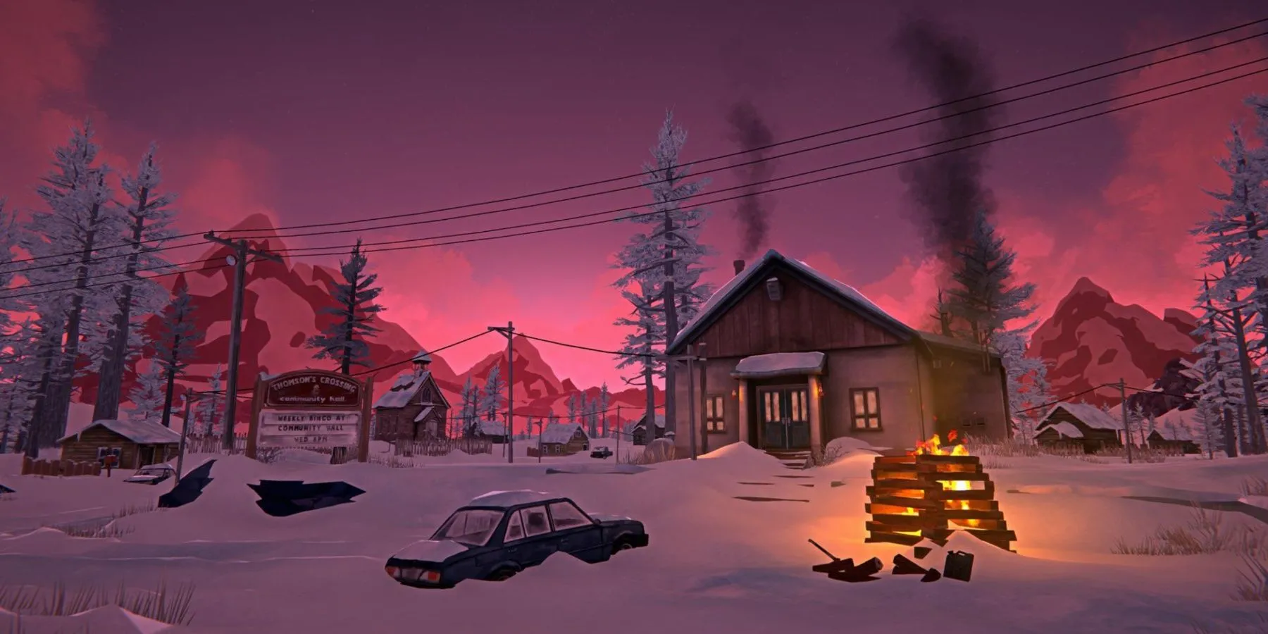 Khung cảnh tuyết rơi dày đặc trong The Long Dark với một cabin nhỏ