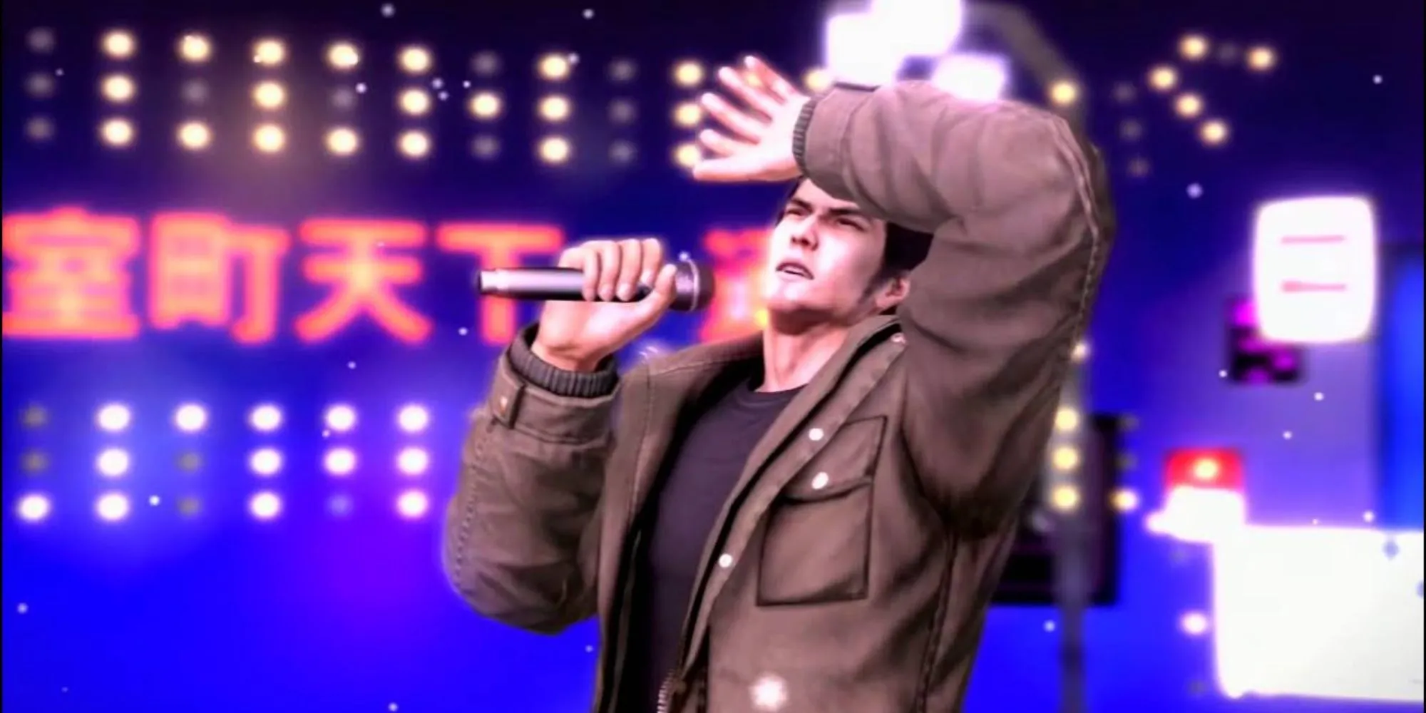Kiryu Kazuma đang say sưa hát Kamurocho Lullaby trong phòng karaoke Yakuza 3