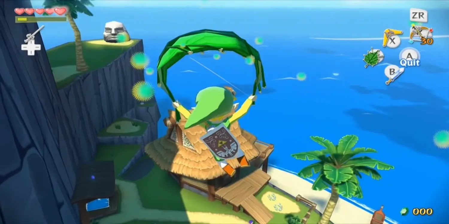 Link bay lượn trên đảo Outset bằng tàu lượn trong The Legend of Zelda The Wind Waker, một phần hướng dẫn game đầy kỷ niệm
