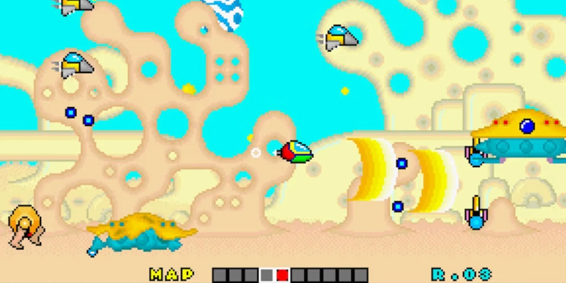 Màn chơi game bắn súng màn hình lặp Fantasy Zone, di chuyển quanh khu vực cố định