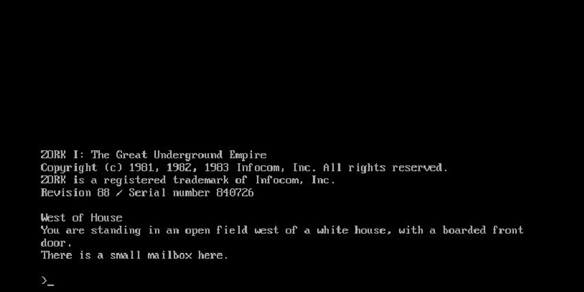 Màn hình giới thiệu game Zork I, một tựa game phiêu lưu bằng văn bản kinh điển