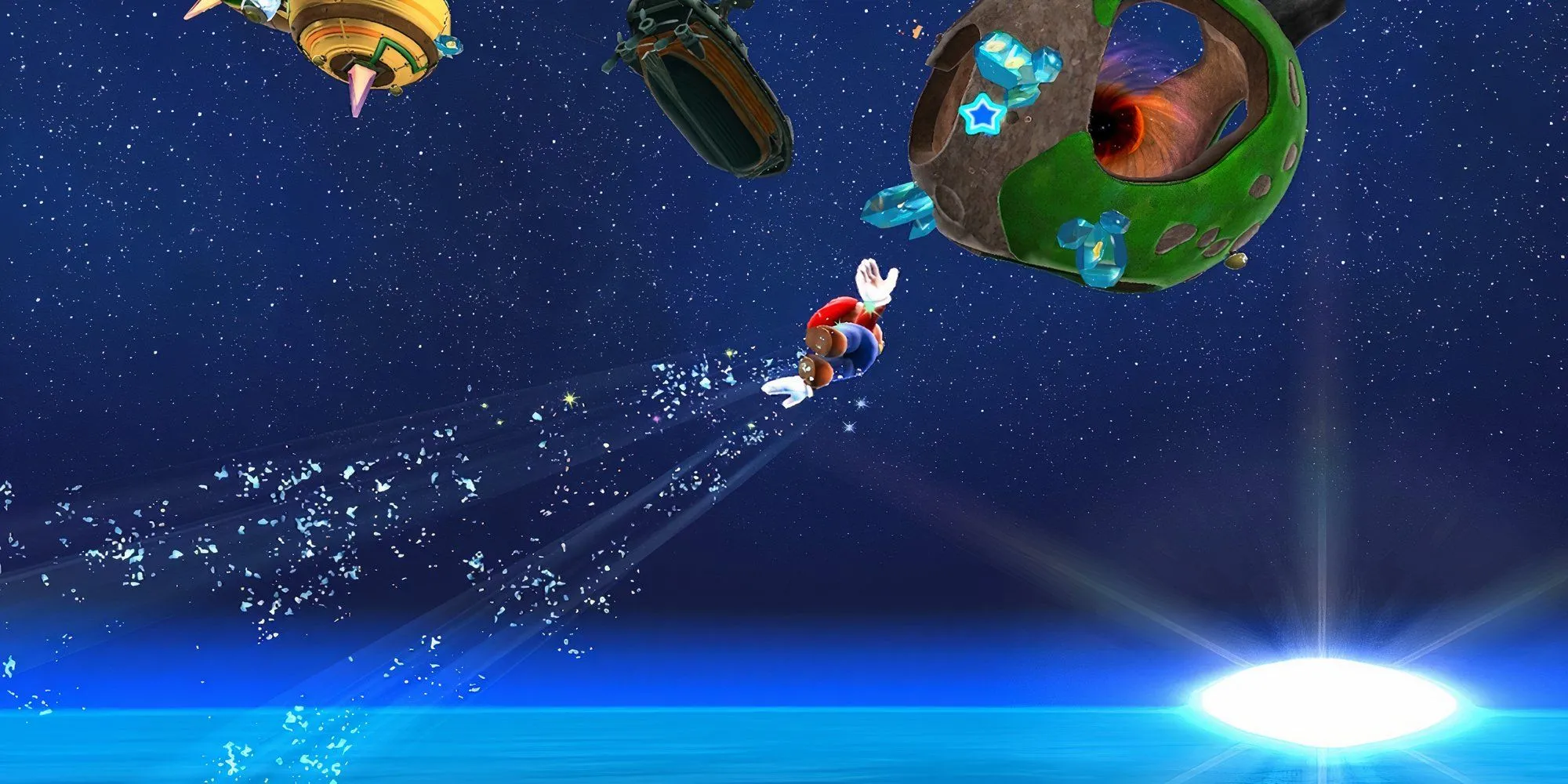 Mario bay lượn giữa các hành tinh trong Super Mario Galaxy với con trỏ Star Pointer