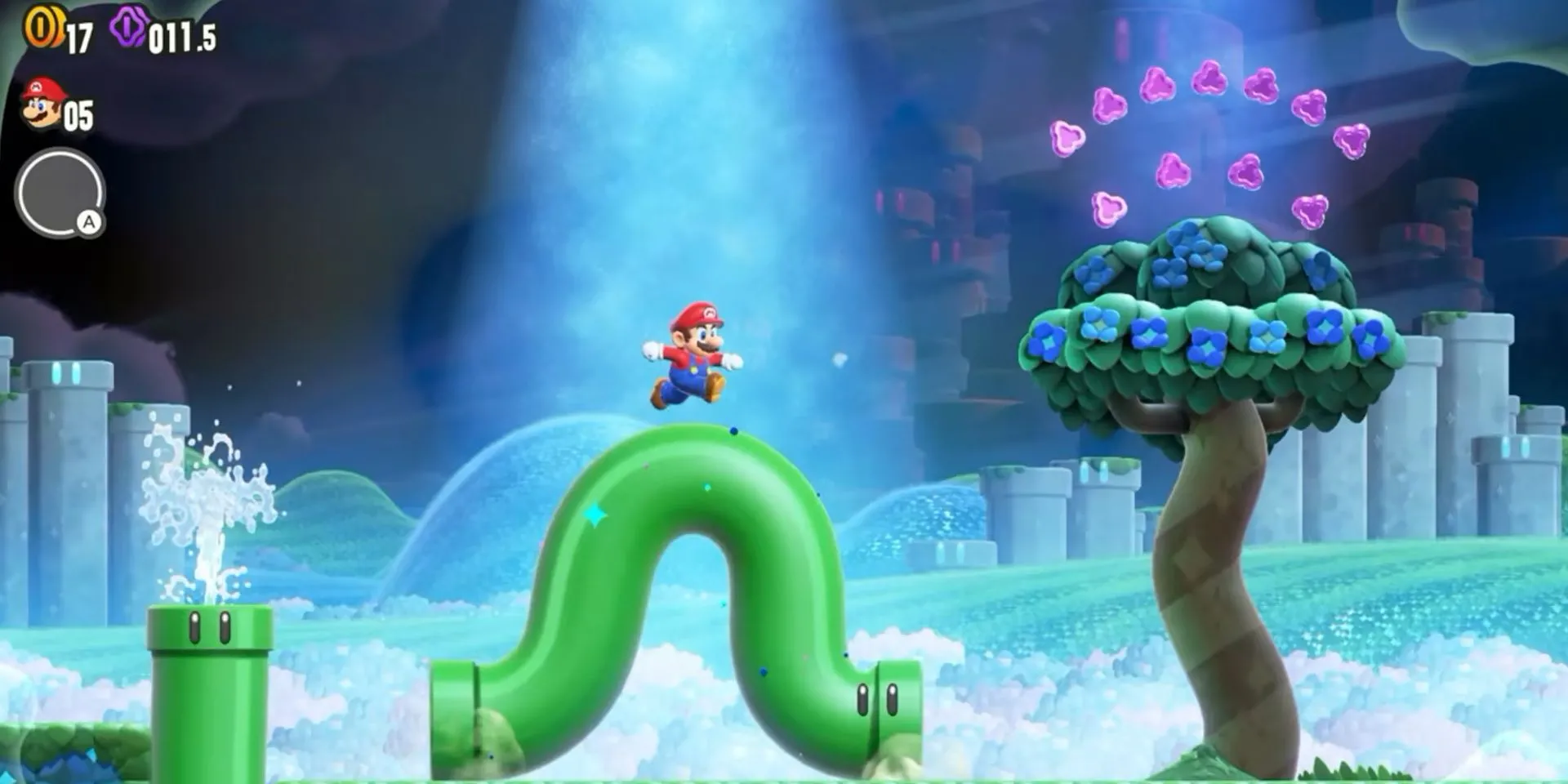 Mario trên một đường ống di chuyển trong Super Mario Bros. Wonder