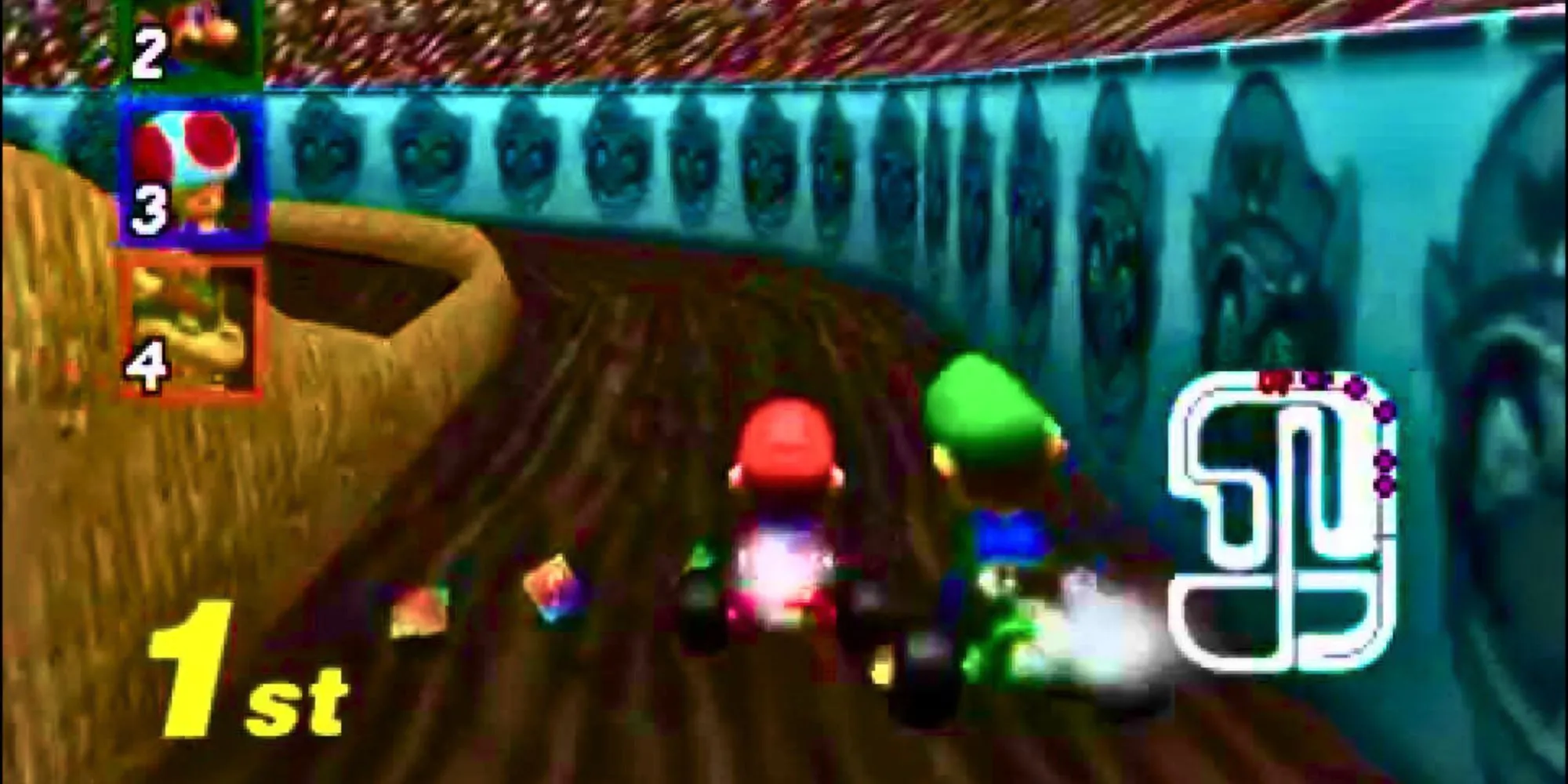 Mario và Luigi đang đua tranh vị trí dẫn đầu trong game Mario Kart 64