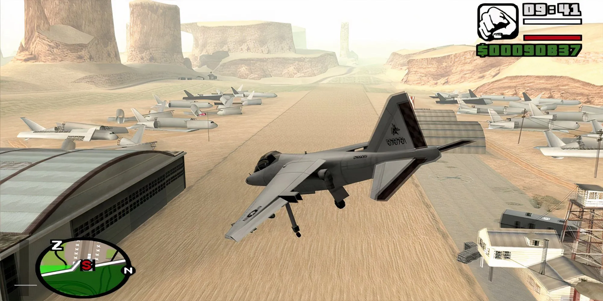 Máy bay phản lực Hydra của quân đội trong GTA San Andreas đang lơ lửng trên không.