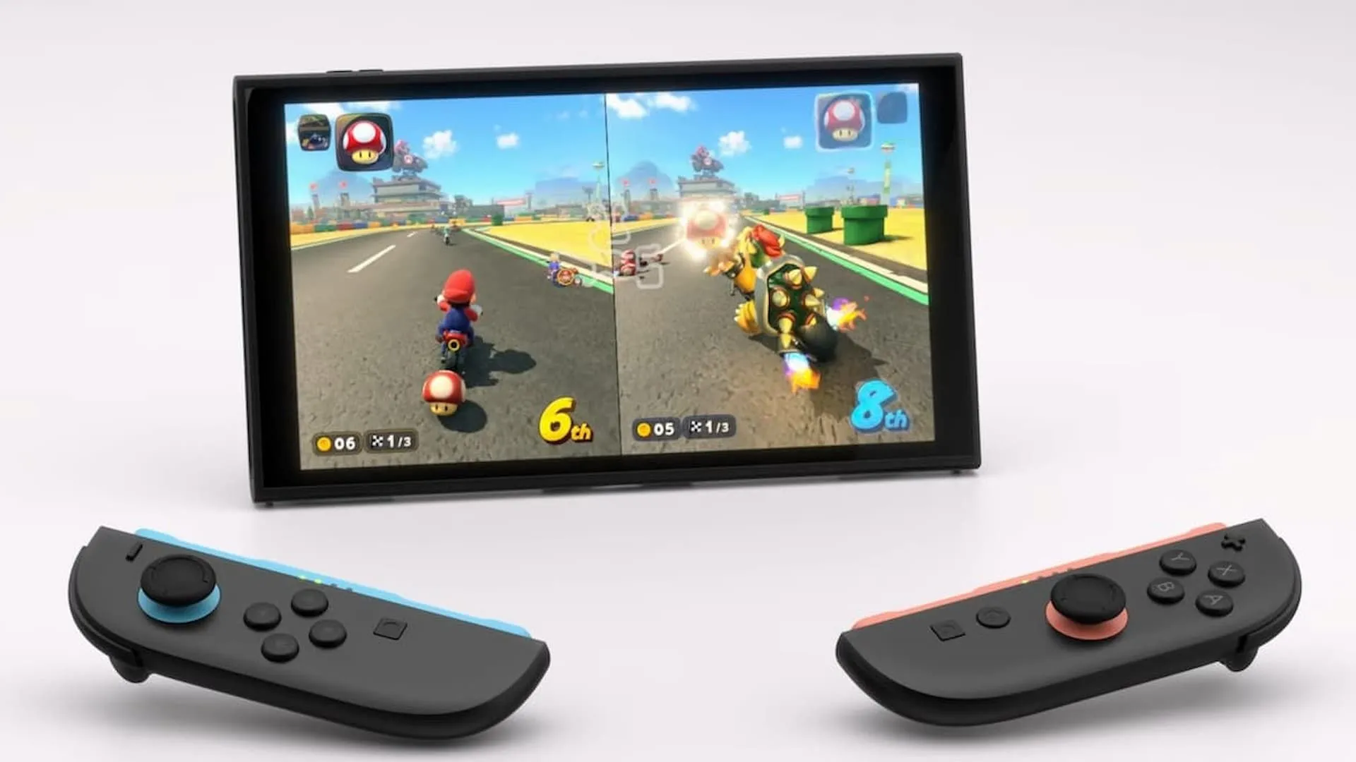 Máy chơi game Nintendo Switch 2 hiển thị trò chơi giống Mario Kart với Joy-Con gắn liền