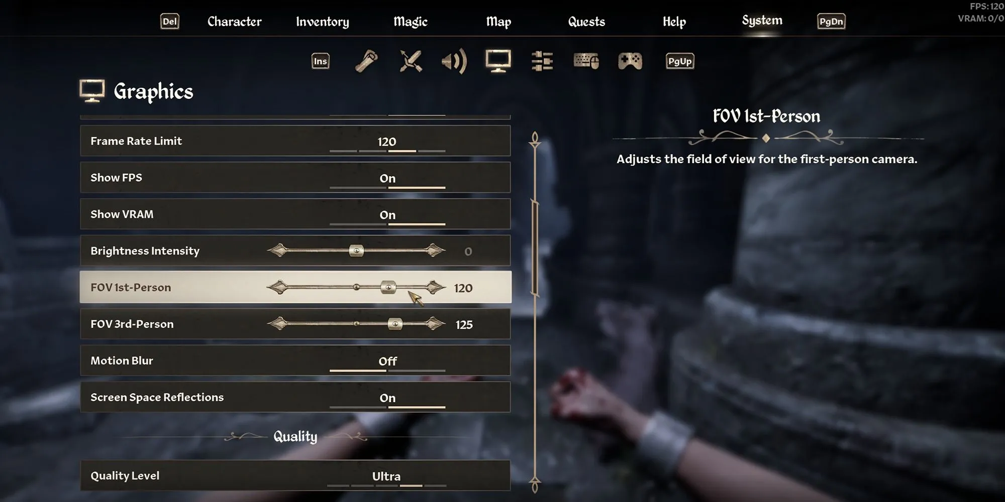 Menu cài đặt đồ họa hiển thị tùy chọn điều chỉnh FOV trong Oblivion Remastered