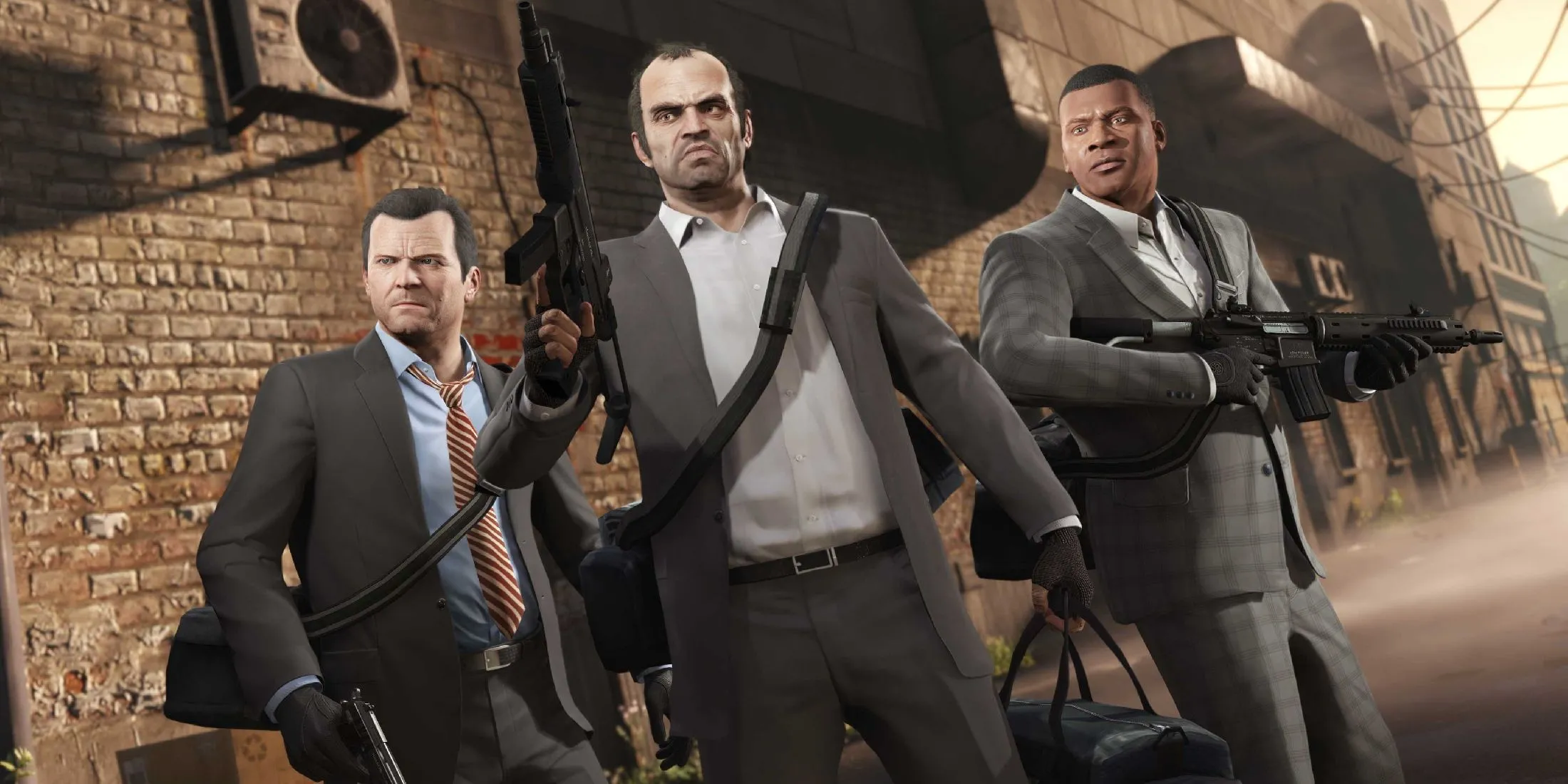 Michael, Trevor và Franklin trong một cảnh của GTA 5 Enhanced Edition.