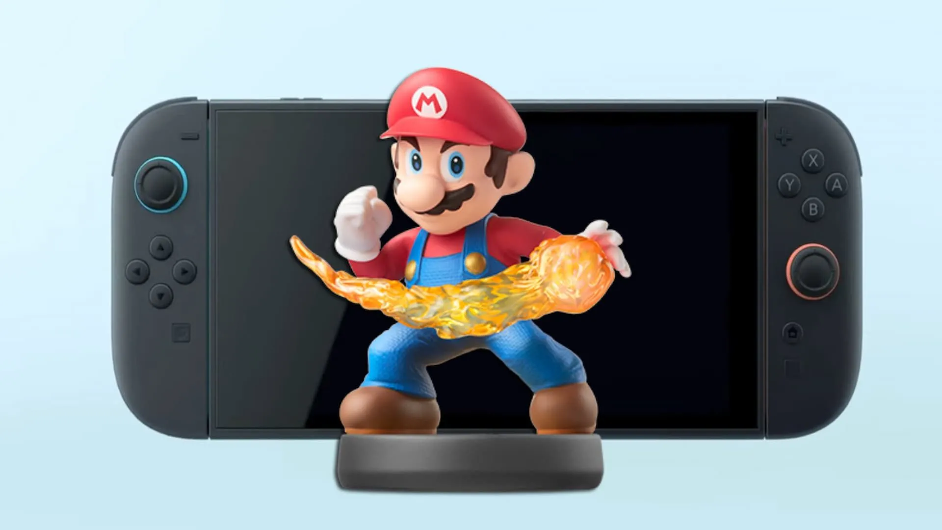 Mô hình Mario Amiibo bên cạnh logo Nintendo Switch 2 rực lửa hứa hẹn khả năng tương thích với hệ máy mới