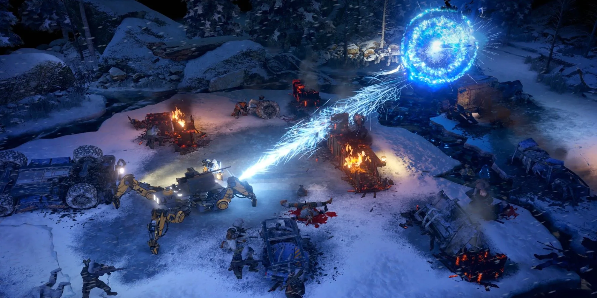 Một cảnh chiến đấu trong game Wasteland 3 với tuyết phủ và giao diện chiến thuật