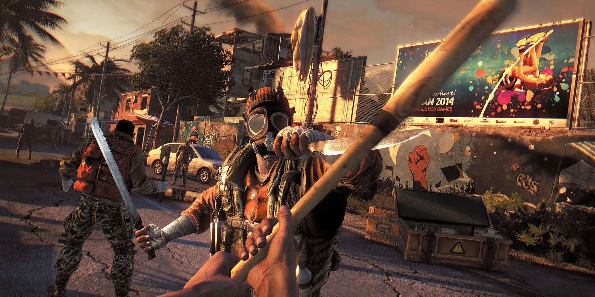 Một cảnh hành động trong Dying Light Enhanced Edition với nhân vật đang chiến đấu với zombie