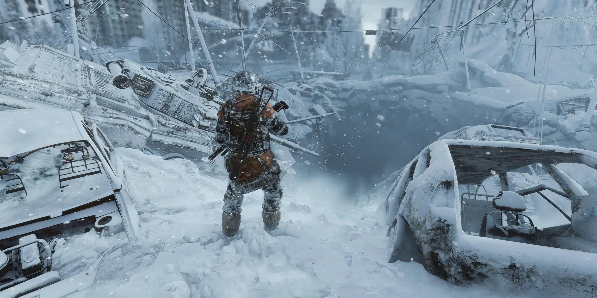 Một cảnh quan rộng lớn phủ đầy tuyết trong game Metro: Exodus, minh họa hành trình khám phá vùng đất Nga hậu tận thế.