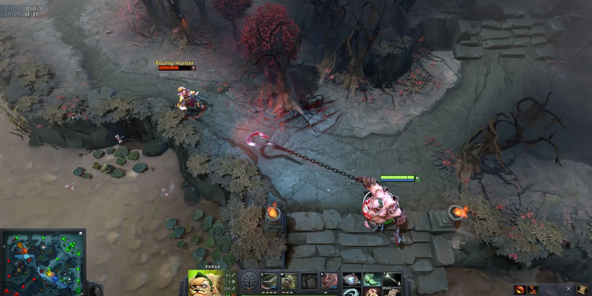 Một cảnh trong game DOTA 2 thể hiện giao diện và các tướng đang chiến đấu