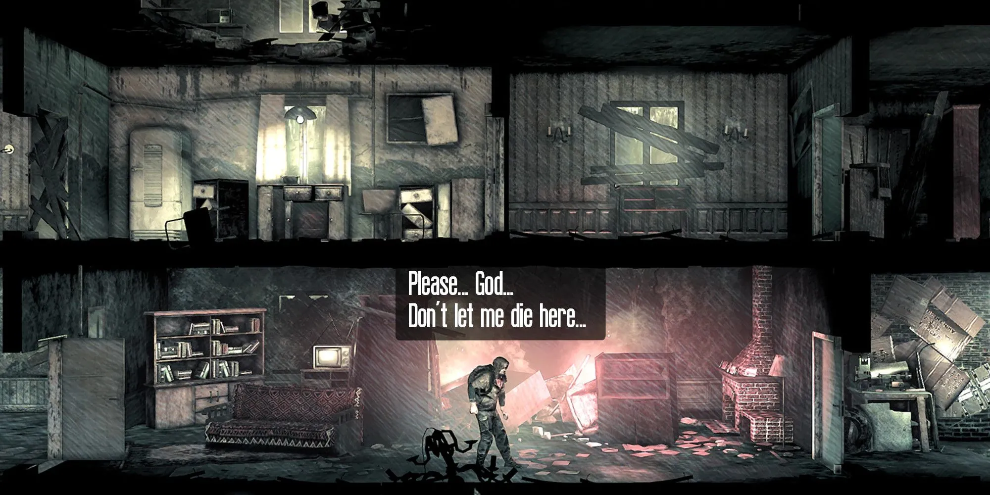 Một cảnh trong This War of Mine thể hiện những người dân thường đang cố gắng sống sót trong một thành phố bị chiến tranh tàn phá