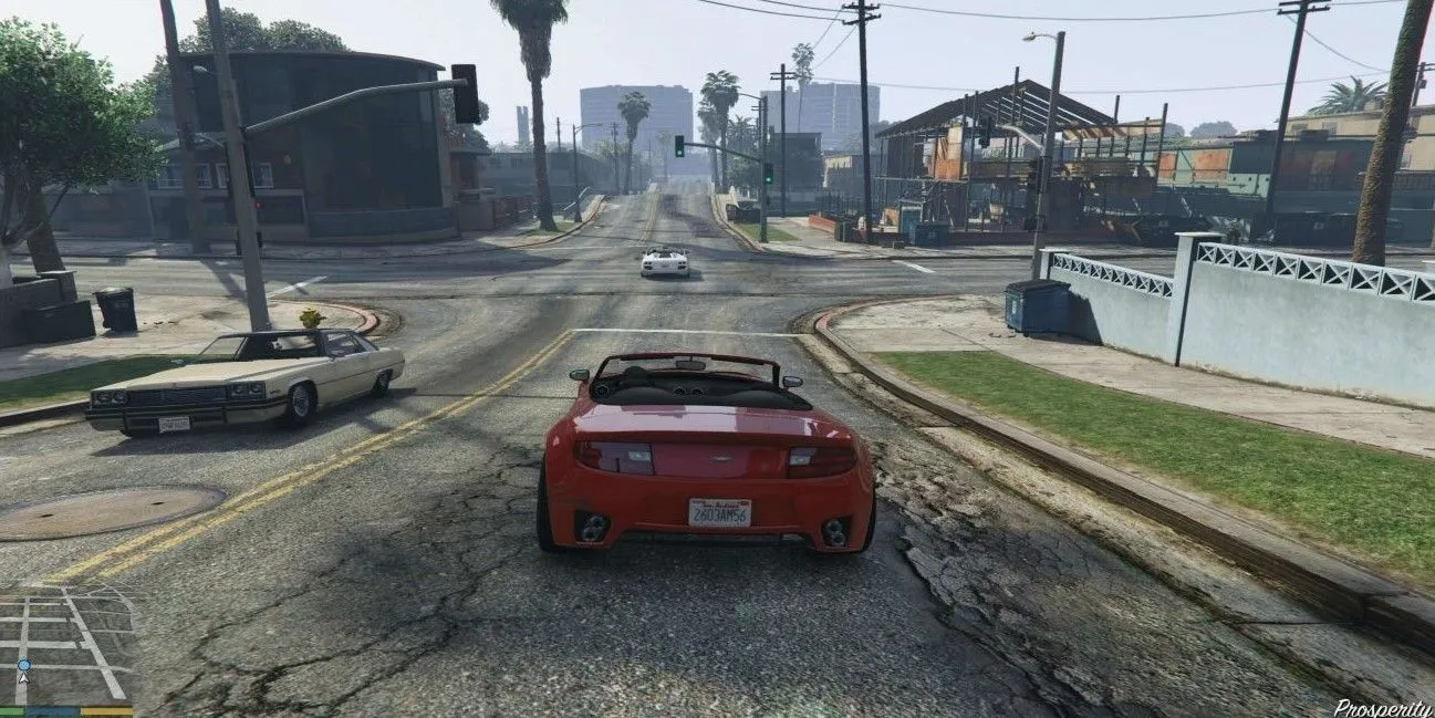 Một chiếc xe đang lái trên đường phố Los Santos trong GTA 5, minh họa cho lối chơi công dân lương thiện.