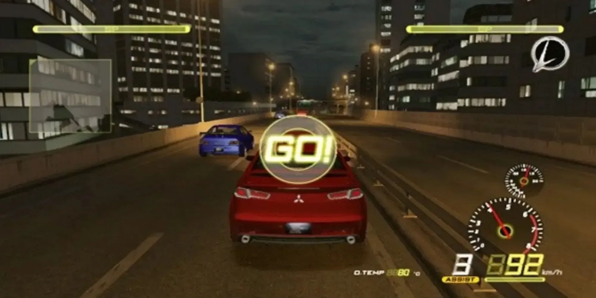 Một chiếc xe độ đang đua trên đường phố Tokyo trong game Import Tuner Challenge